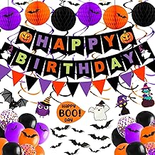 Halloween Birthday Party Decorations, 70PCs Halloween Birthday Decorations Set Including HAPPY BIRTHDAY Banner Bat Stickers Hanging Garland Swirl Streamers Purple Orange Black Balloons Honeycomb Ball