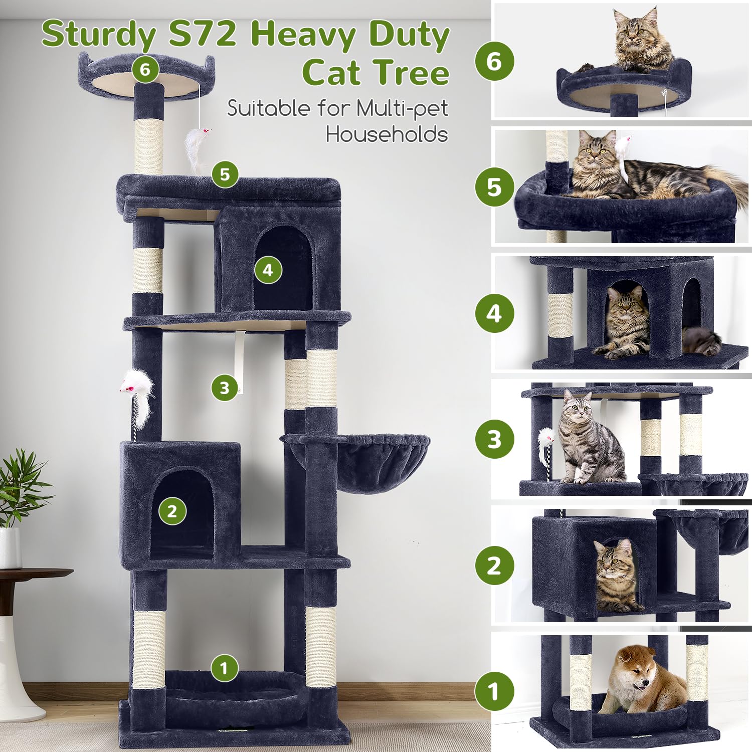 Globlazer Tiragraffi Grandi per Maine Coon, Tiragraffi per Gatti Alto 183 cm con Grotte Piattaforma Cesto Cuccia, Albero Gatti Stabile per Gatto Adulti Riposare Giocare Interno (S72, Grigio Fumo)
