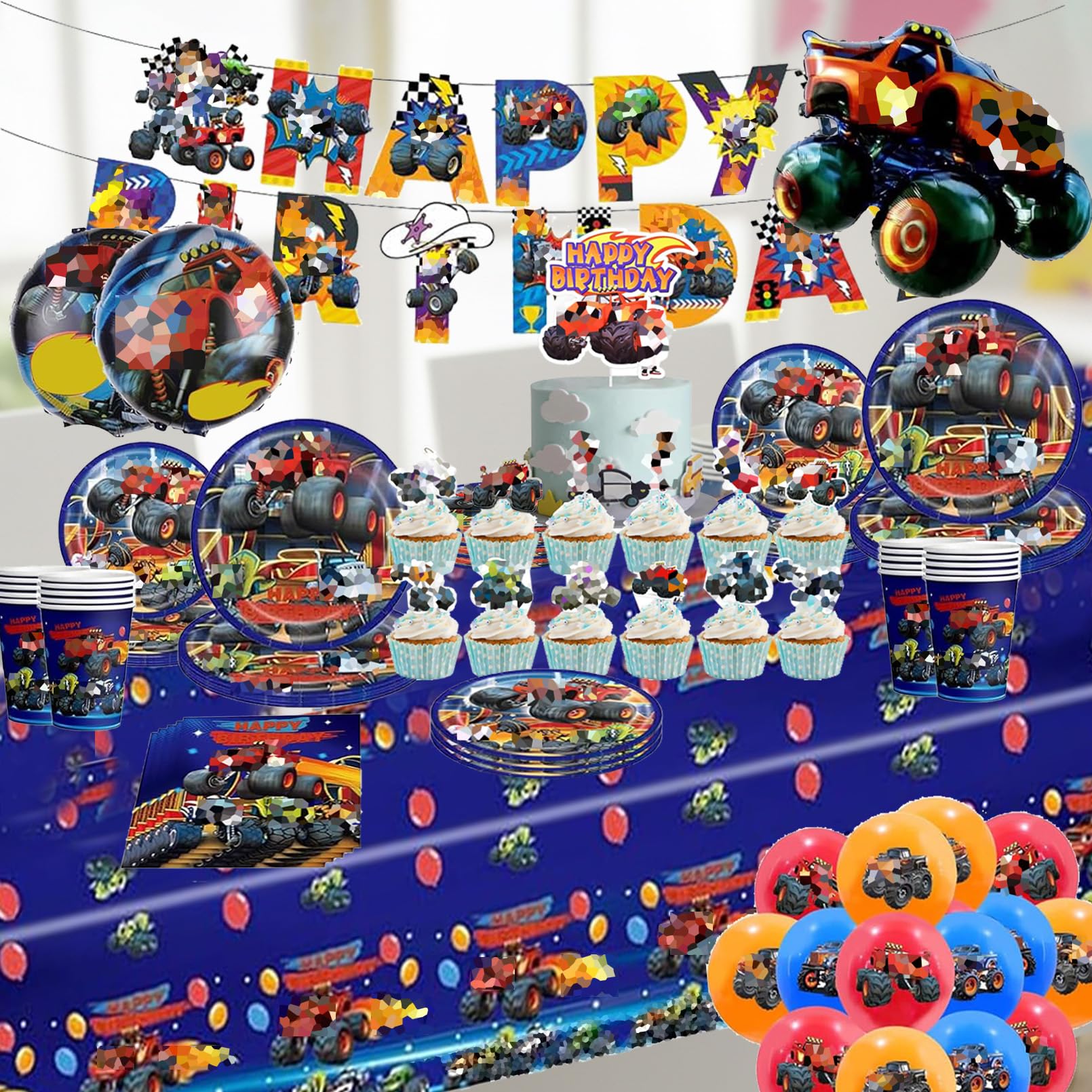 98 Pezzi Monster Truk Stoviglie per Feste di Compleanno，Addobbi Compleanno Monster Truk，Cars Tovaglioli, Tovaglia, Cars Piatti di Carta，Adatto a 10 persone