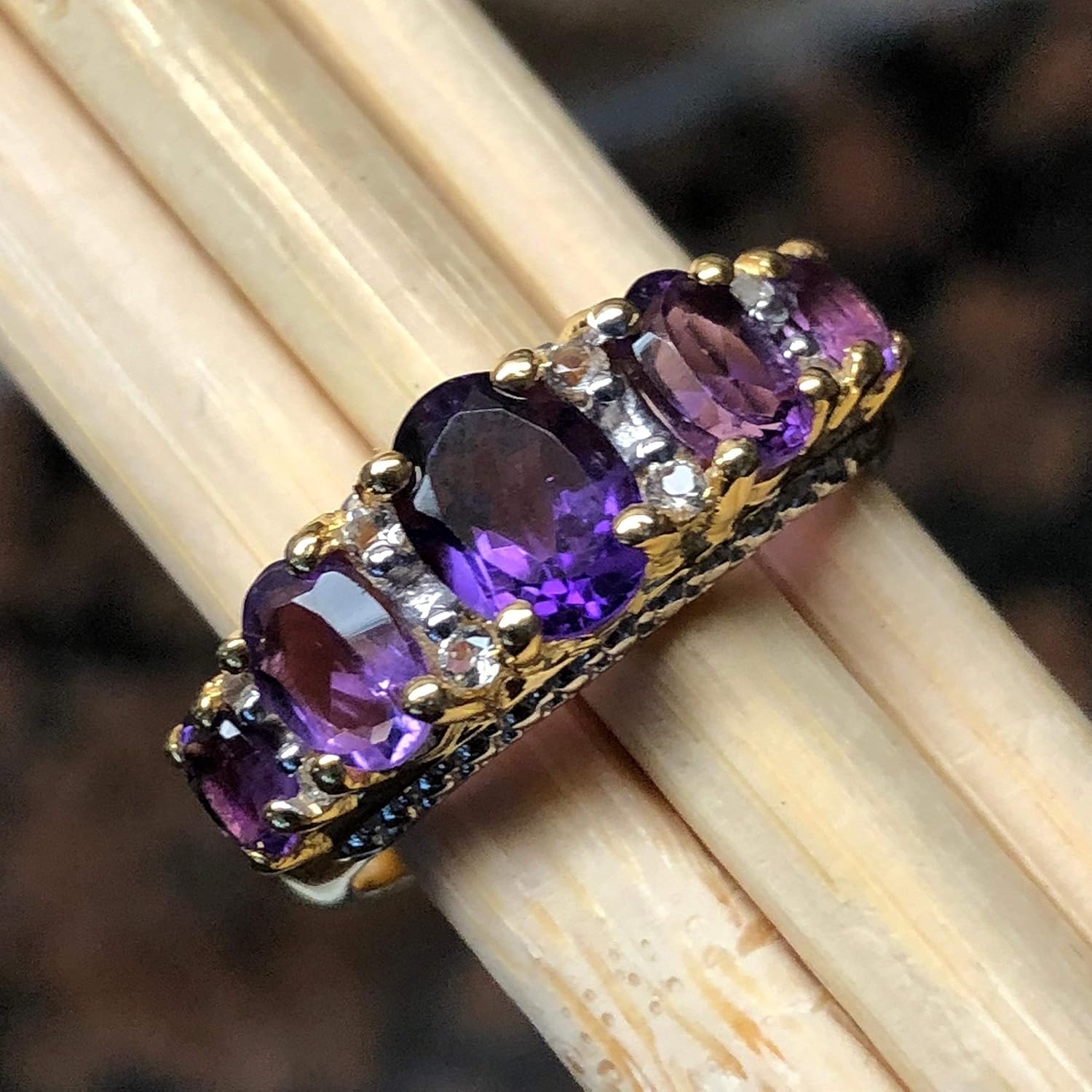 Natural 2.75ct Amethyst White Topaz 14K Yellow Gold over Silver Wedding Ring Size 5, 6, 7, 8, 9 - Image 6