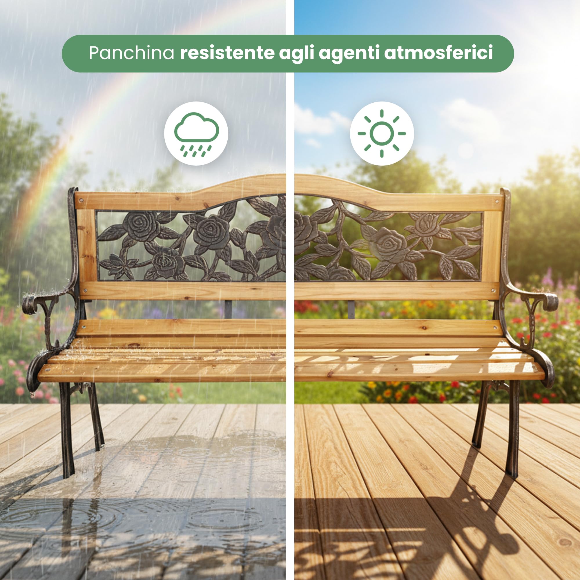 AKORD Panchina da Giardino ROSA con Gambe in Ghisa e Legno Verniciato | Panca da Esterno | Panchine Esterna con Bracciolo | Panche Moderno Resistente alle Intemperie | Larghezza 118 cm | Marrone