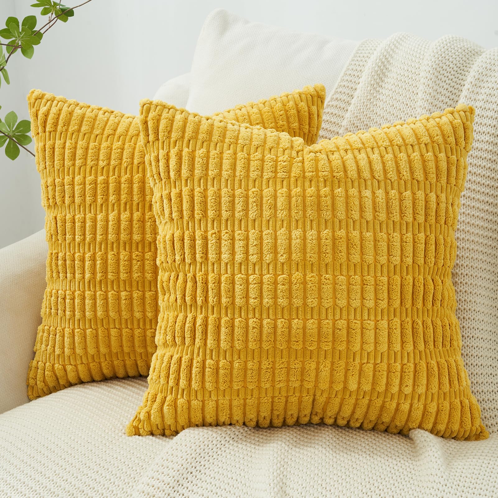 Topfinel Yellow Cushion Covers 40cm x 40cm,Corduroy Decorative Fluffy Pillows Cases,Cushions Cover 16x16 inches with Invisible Zipper for Sofa Bed Livingroom Bedroom,Pack of 2