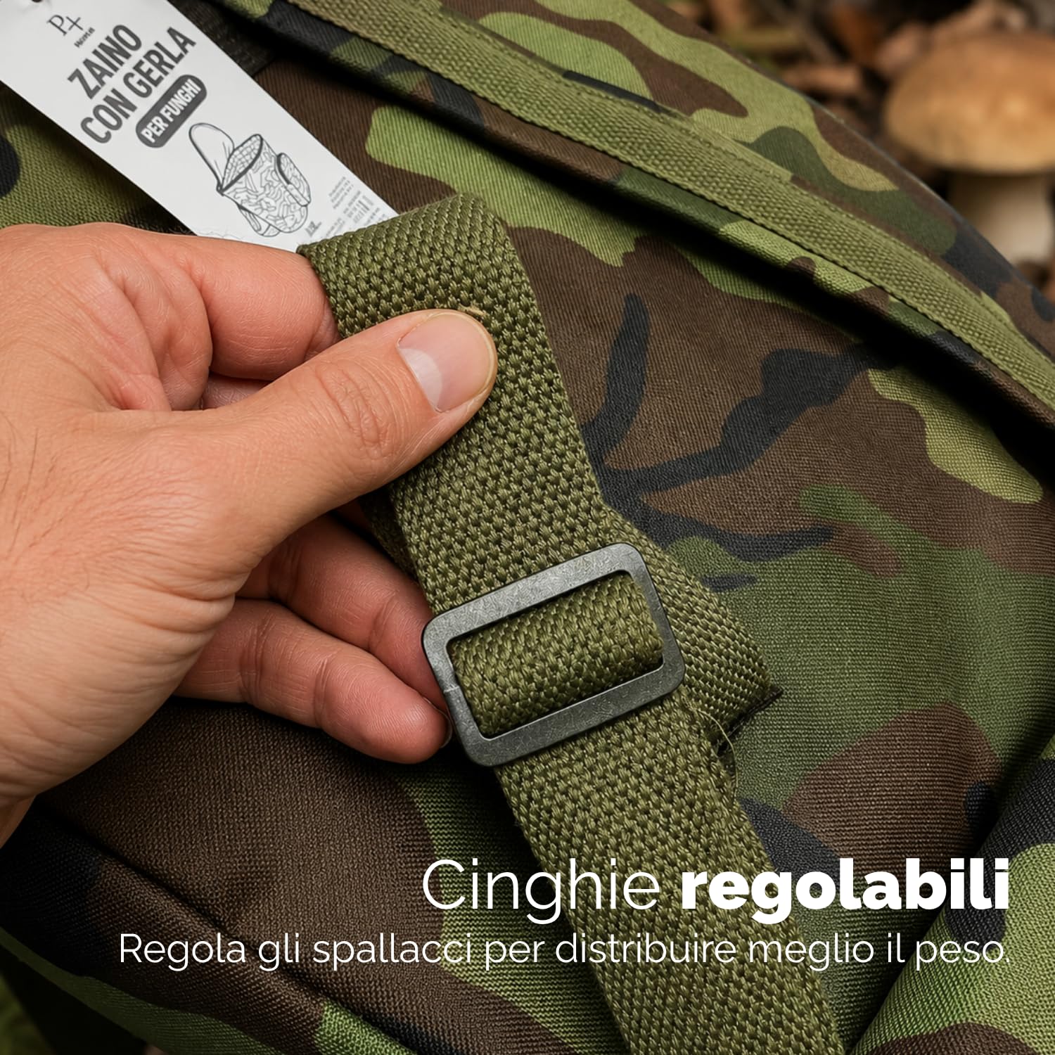 PALUPLUS Zaino con Cesta per Raccolta Funghi color Verde Mimetico, Misura 42x36x46 cm, Tasca Portaoggetti, Schienale con Cuscino Imbottito, Chiusura a Cerniera e Spallacci Regolabili -8599F -2,2