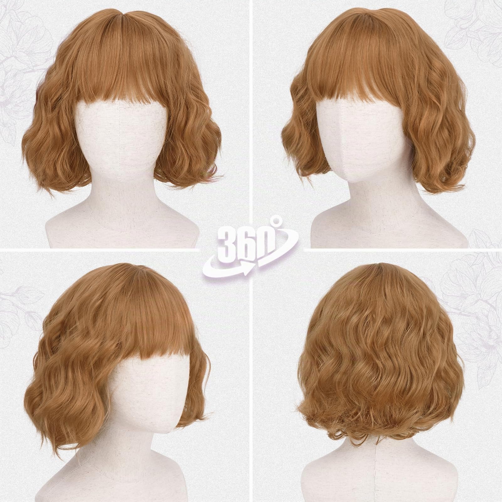 BARSDAR Courte Ondulée Perruque Gingembre Doré avec Franges, Courte Perruque Bob pour Femmes Bouclée Bob Perruques avec Franges Synthétiques D'aspect Naturel Cheveux Perruques Cosplay Utilisation