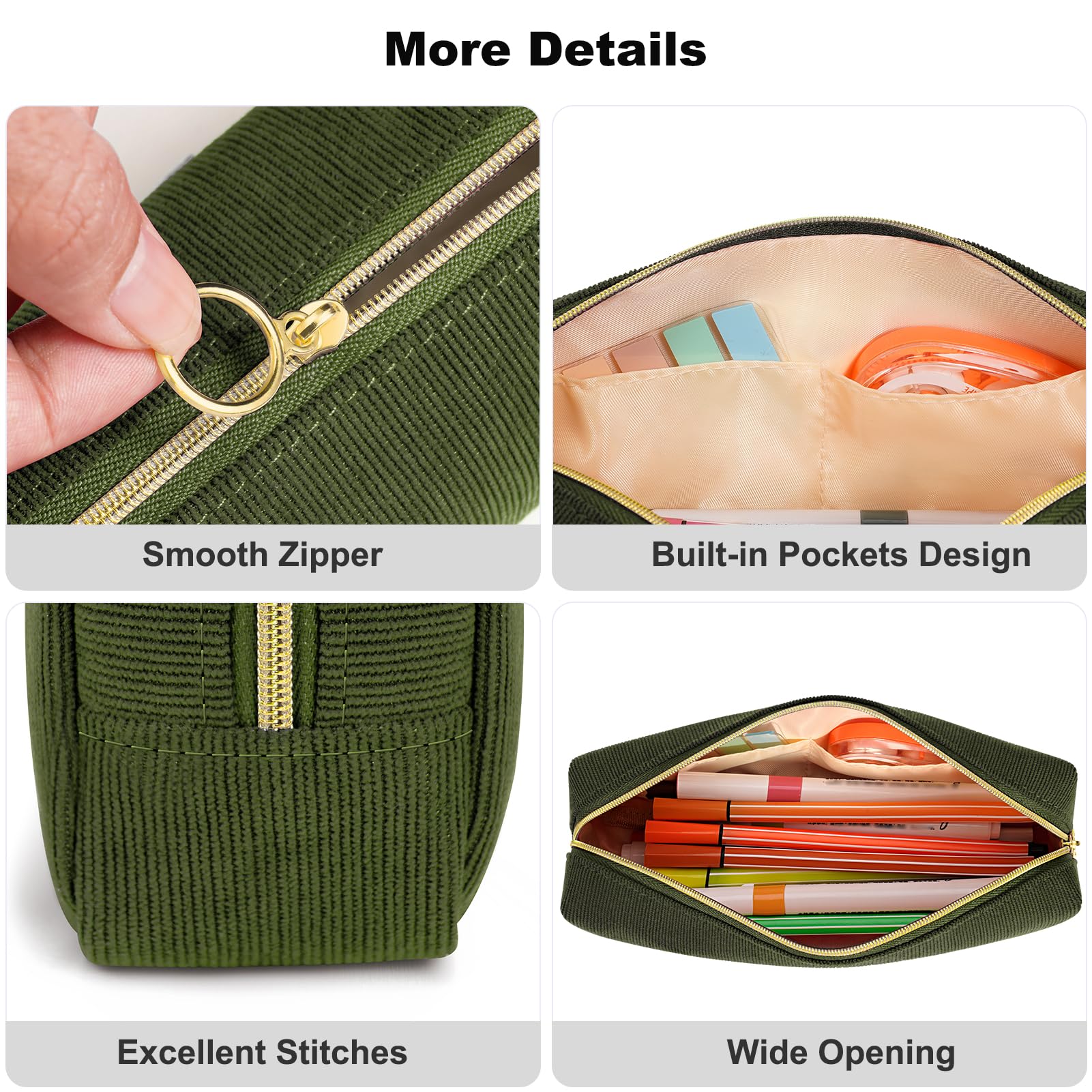 FINPAC Pencil Case, Large Capacity School Pencil Case Office Stationery Organizer, Corduroy Fabric Wide Opening Pencil Pouch for Boys & Girls, (Army Green) - Image 2