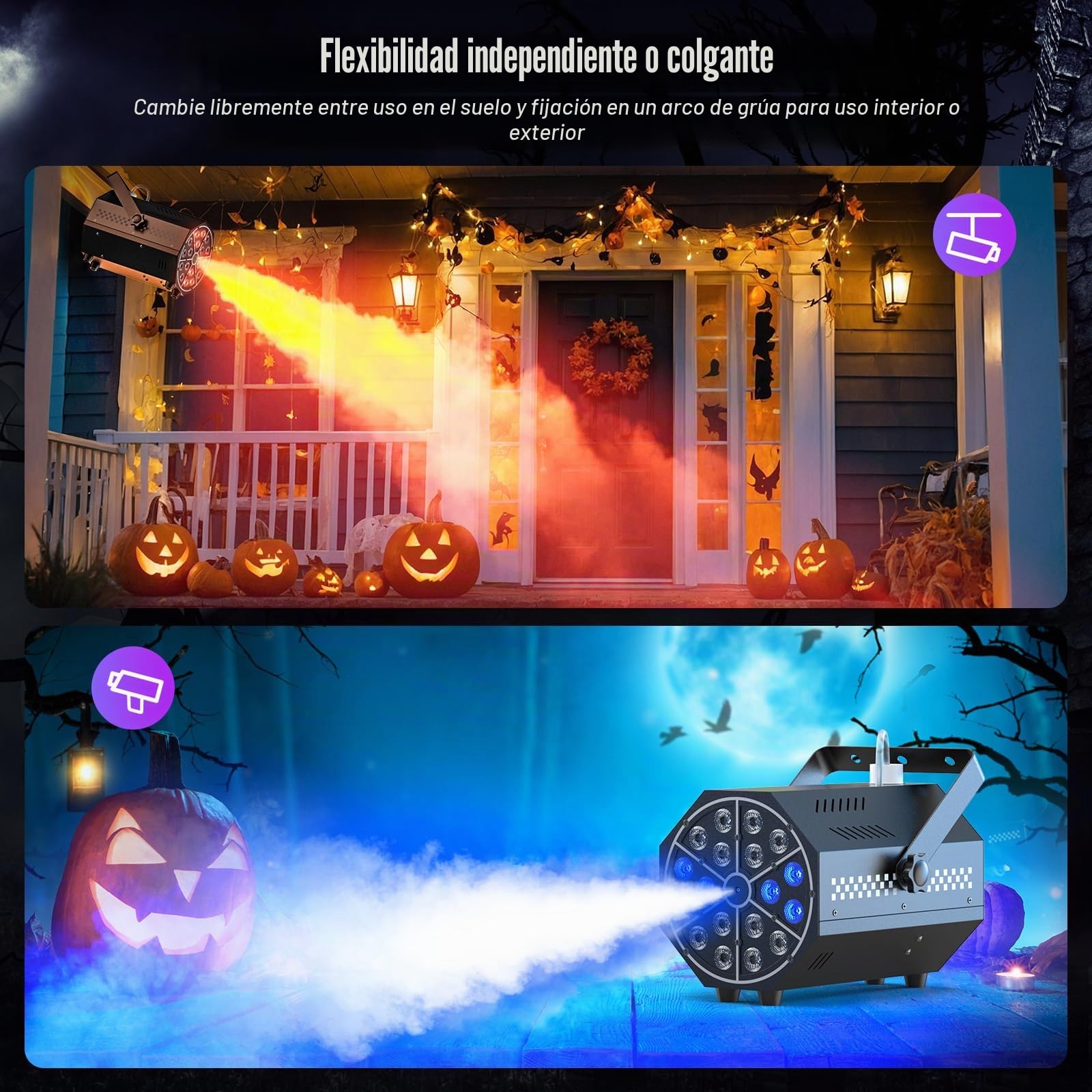 Máquina de Humo, 18 LED RGB con Control Remoto, LED Brillantes, Degradado de Color, Salto, Pulso, Estroboscópico, para Fiestas, Navidad, Halloween, DJs, Escenarios y Exteriores