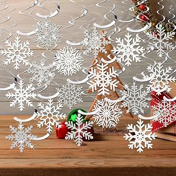30 Pcs Winter Snowflake Hanging Swirl Decorations, White Silver Christmas Glitter Snowflake Hanging Swirls Ornaments Ceiling Streamers for Xmas Party Supplies Silver