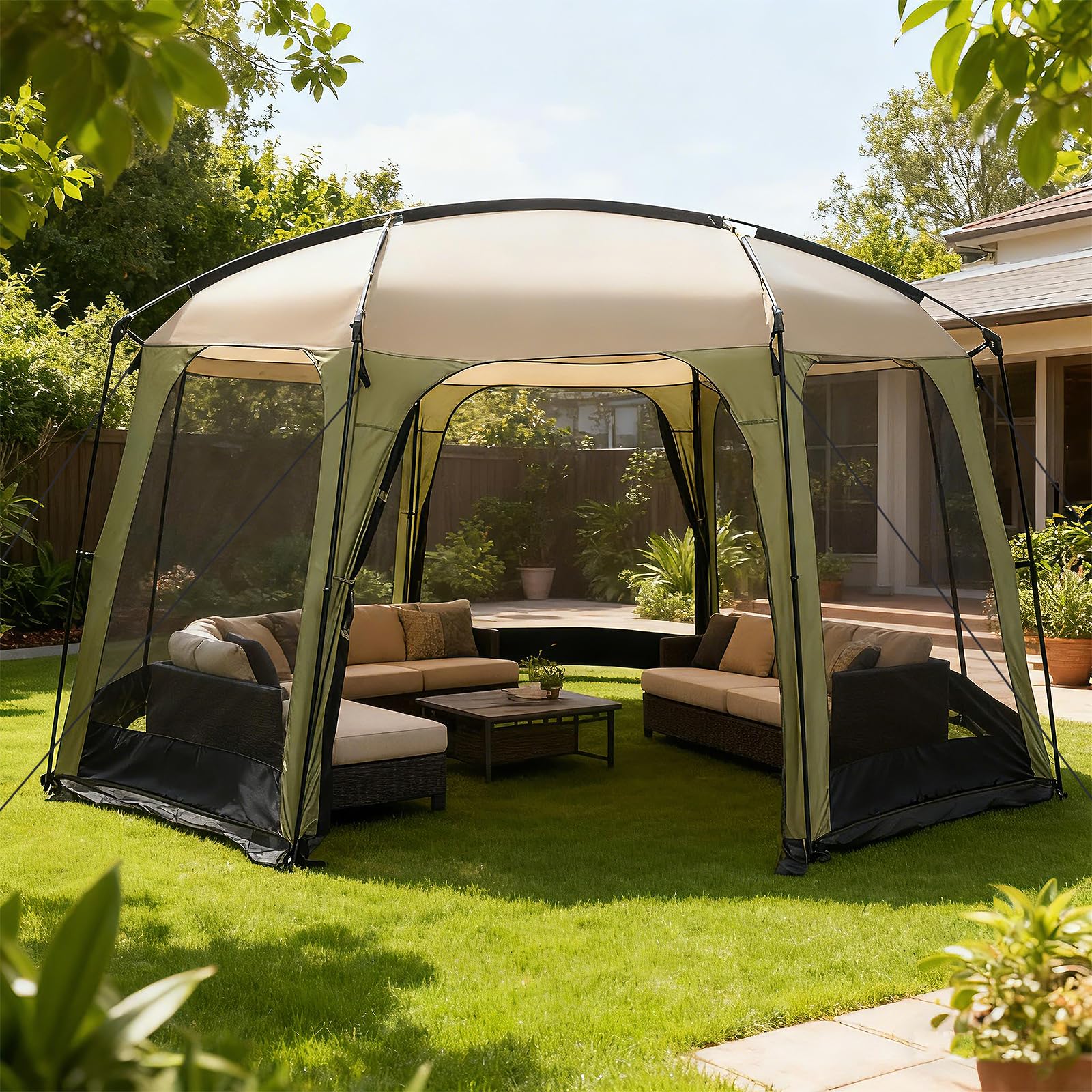 RELAX4LIFE Tente Moustiquaire pour 8 à 10 Personnes, Maille Anti-Insect | 3,8x3,5M Tonnelle de Jardin Extérieur, Porte Zippée, Sac de Transport, Abri Solaire Familial pour Activité Plein Air