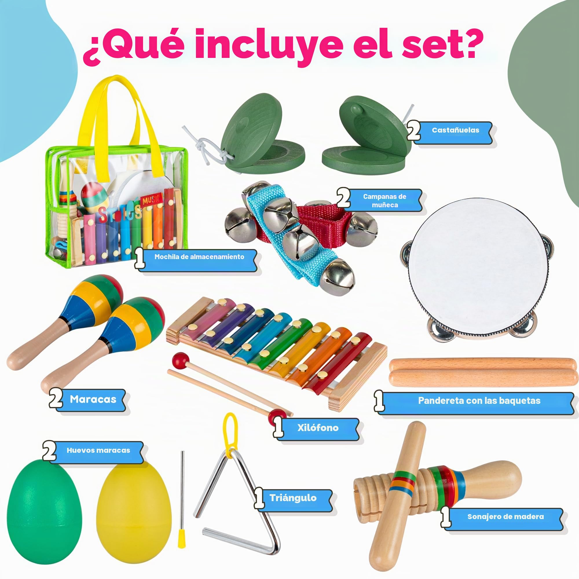 Stoie’s Set de Instrumentos Musicales para Niños – Instrumentos de percusión de Madera para niños de 1 a 3 años, xilófono, pandereta, Maracas, Juguetes Musicales para niños de 3 a 5 años