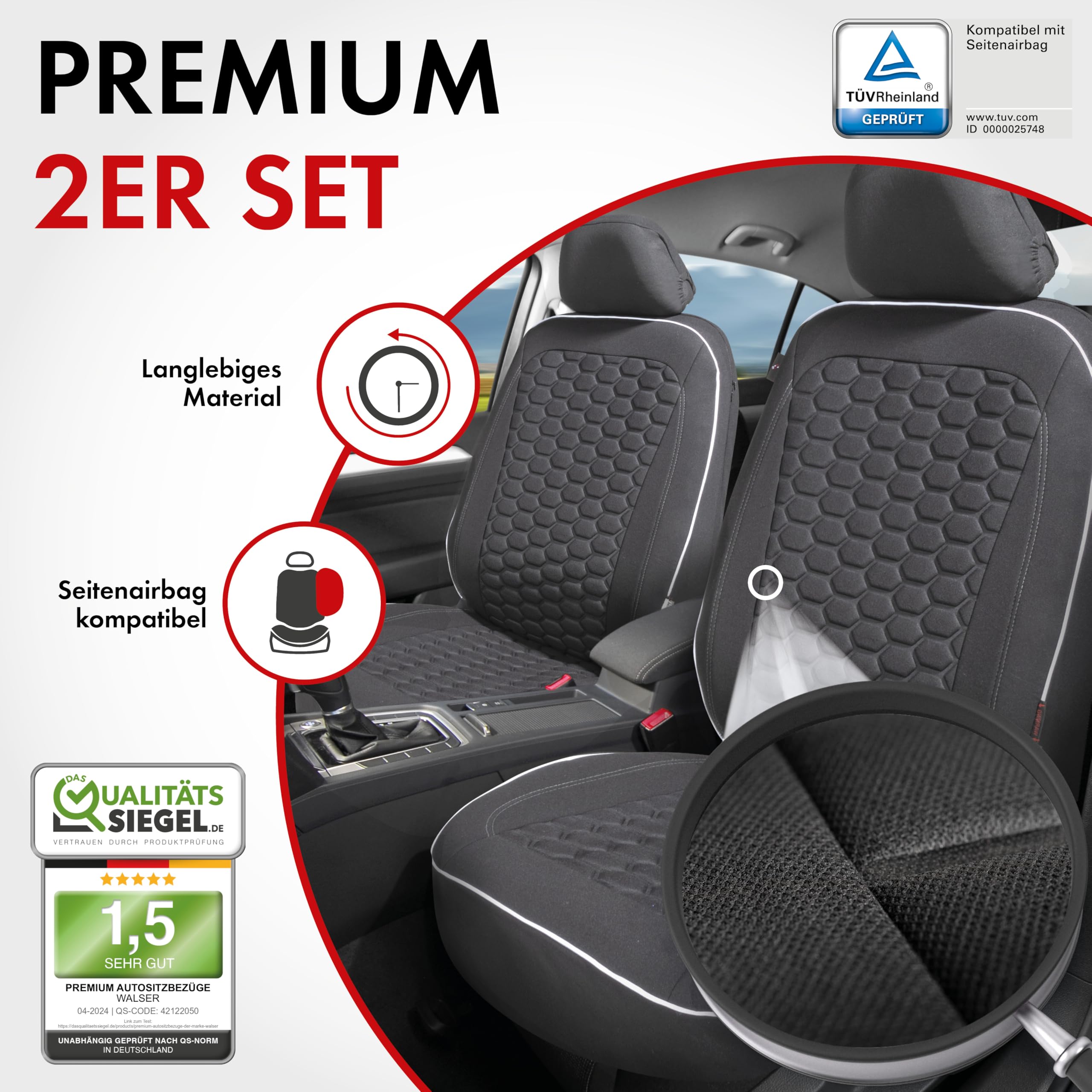 Walser Premium Autositzbezüge Kendal mit Reißverschluss Qualitätssieger Sehr Gut* Sitzbezüge Auto, Zipp-IT Schonbezüge, 2 Vordersitzbezüge schwarz/weiß 11863