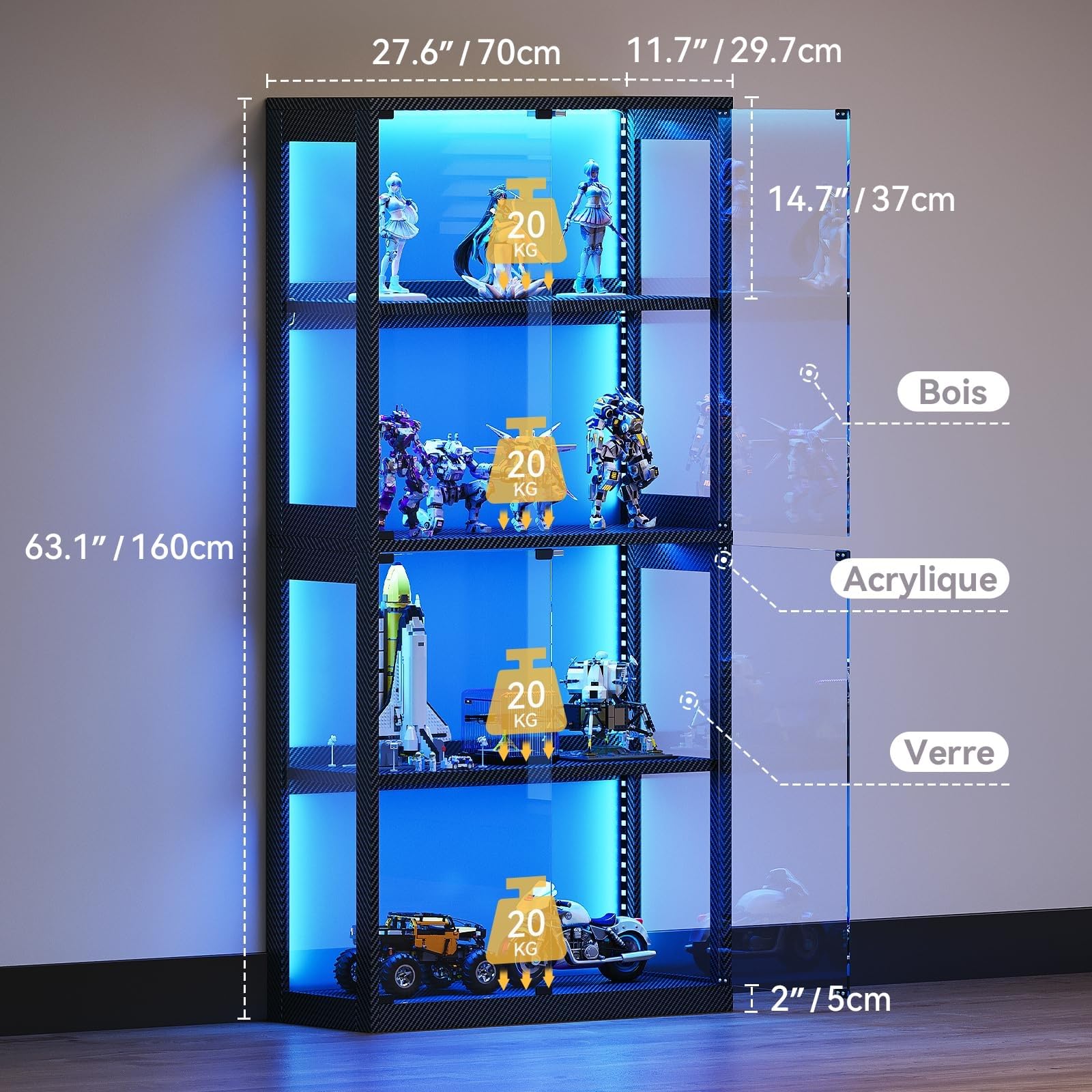 Coleshome Vitrine RGB LED Portes Vitrées, Armoire Collection 4 Étages
