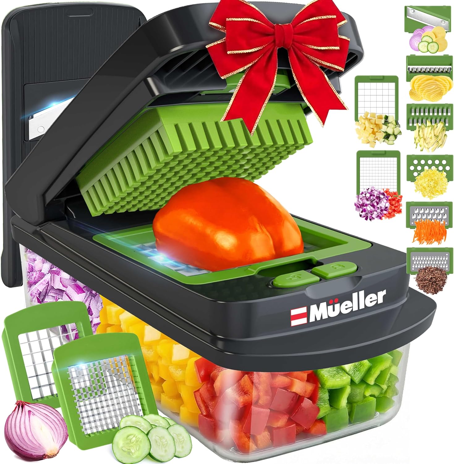 Mueller Pro-Series 10 en 1, picadora de verduras de 8 cuchillas, picadora de cebolla, cortador, cortador, rebanador de huevos con recipiente,