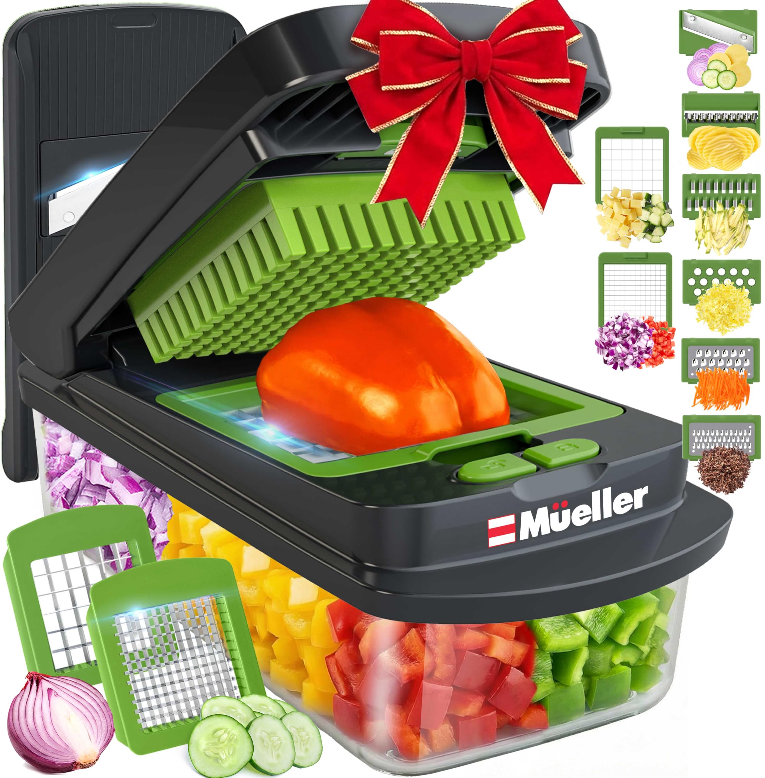 Mueller Pro-Series 10-in-1, 8 Blade Vegetable Chopper, Onion Mincer, Cutter, Dicer, Egg Slicer with Container, French Fry Cutter Potato Slicer, Home Essentials, Salad Chopper,Gray/Green
