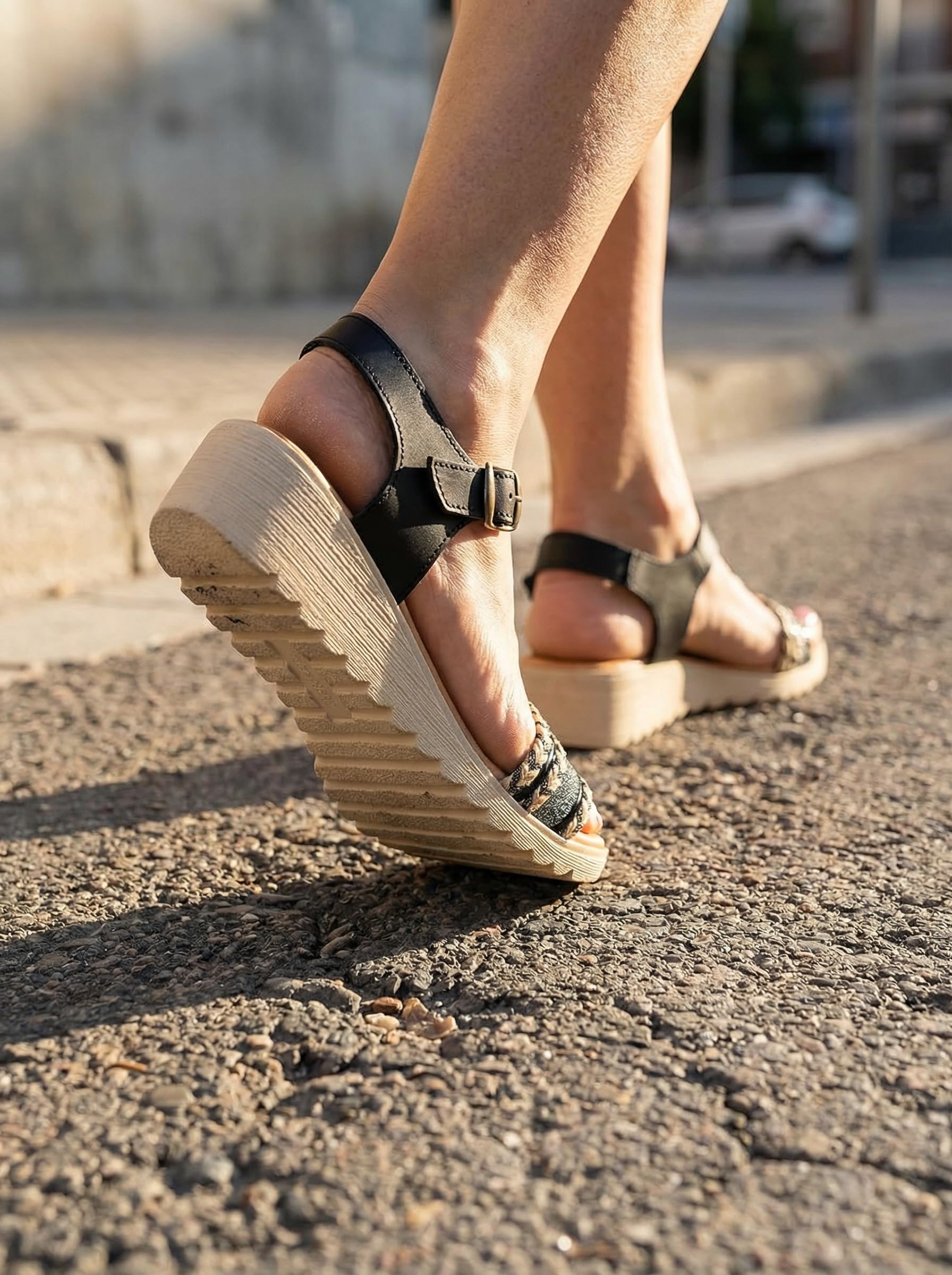 Sandalias de Cuña Baja para Mujer Plantilla de Piel Hechas a mano en España