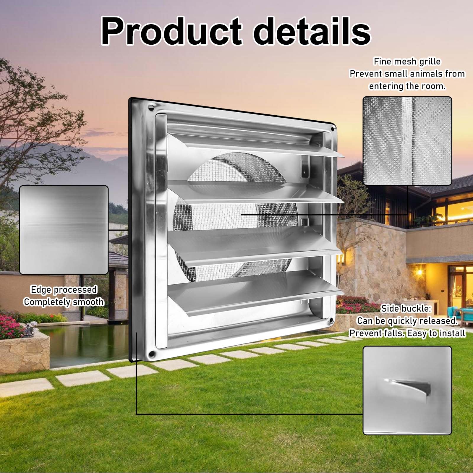 Rejilla de ventilación de acero inoxidable de 125 mm: válvula antirretorno, rejilla de protección contra la intemperie con rejilla de protección contra insectos, rejilla de láminas para tubo de
