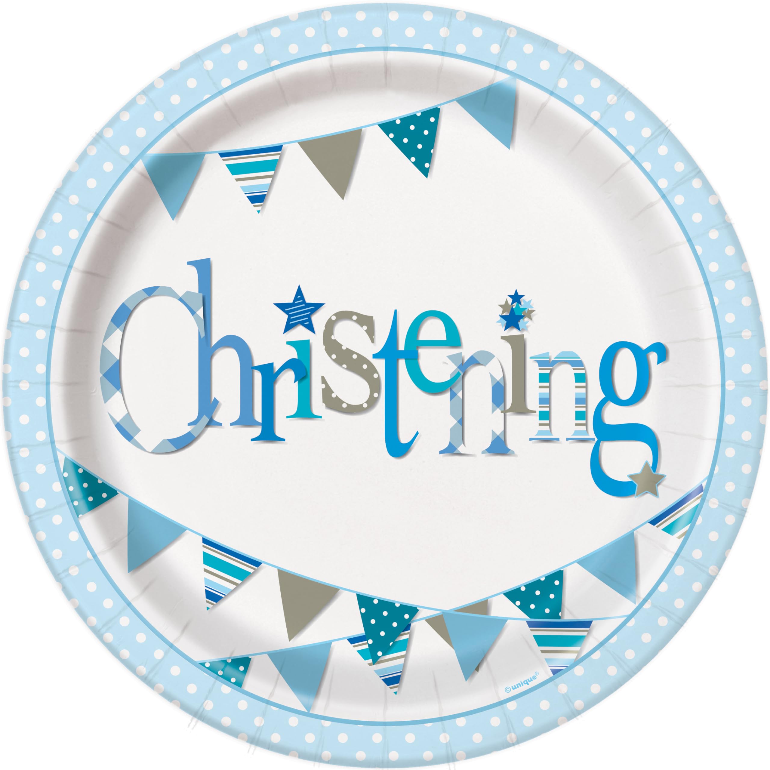 Unique 52055EU - Eco-Friendly Paper Plates - 23 cm - Blue Bunting Christening - 8 Count (Pack of 1)