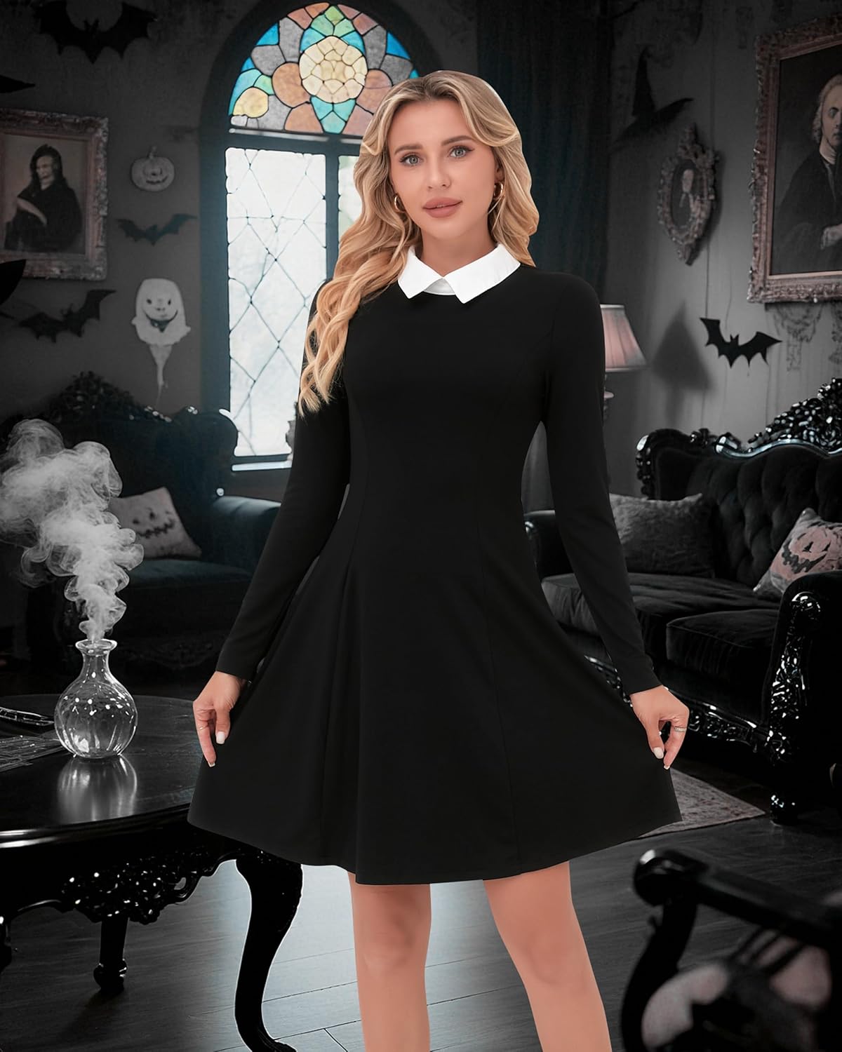 Women's 2025 Long Sleeve Black Fall Dresses Peter Pan Collar Flare Skater Dress for Evening Party Goth Dresses - Image 7