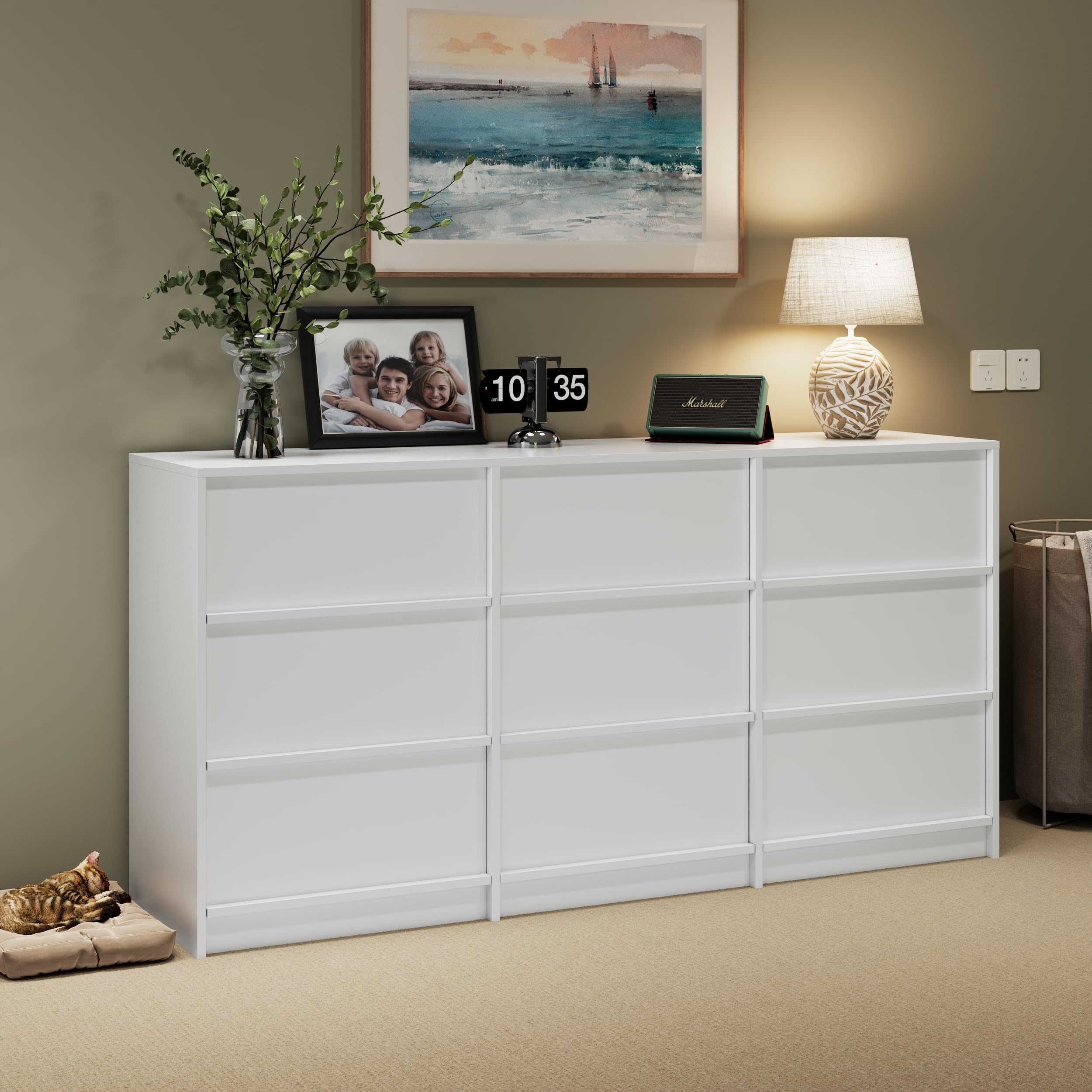 Jiaoun 63" W 9 Drawer Dressers for Bedroom, Modern Large Wood Dresser Chest of Drawers, Wide Dresser Organizer for Living Room, Hallway, White