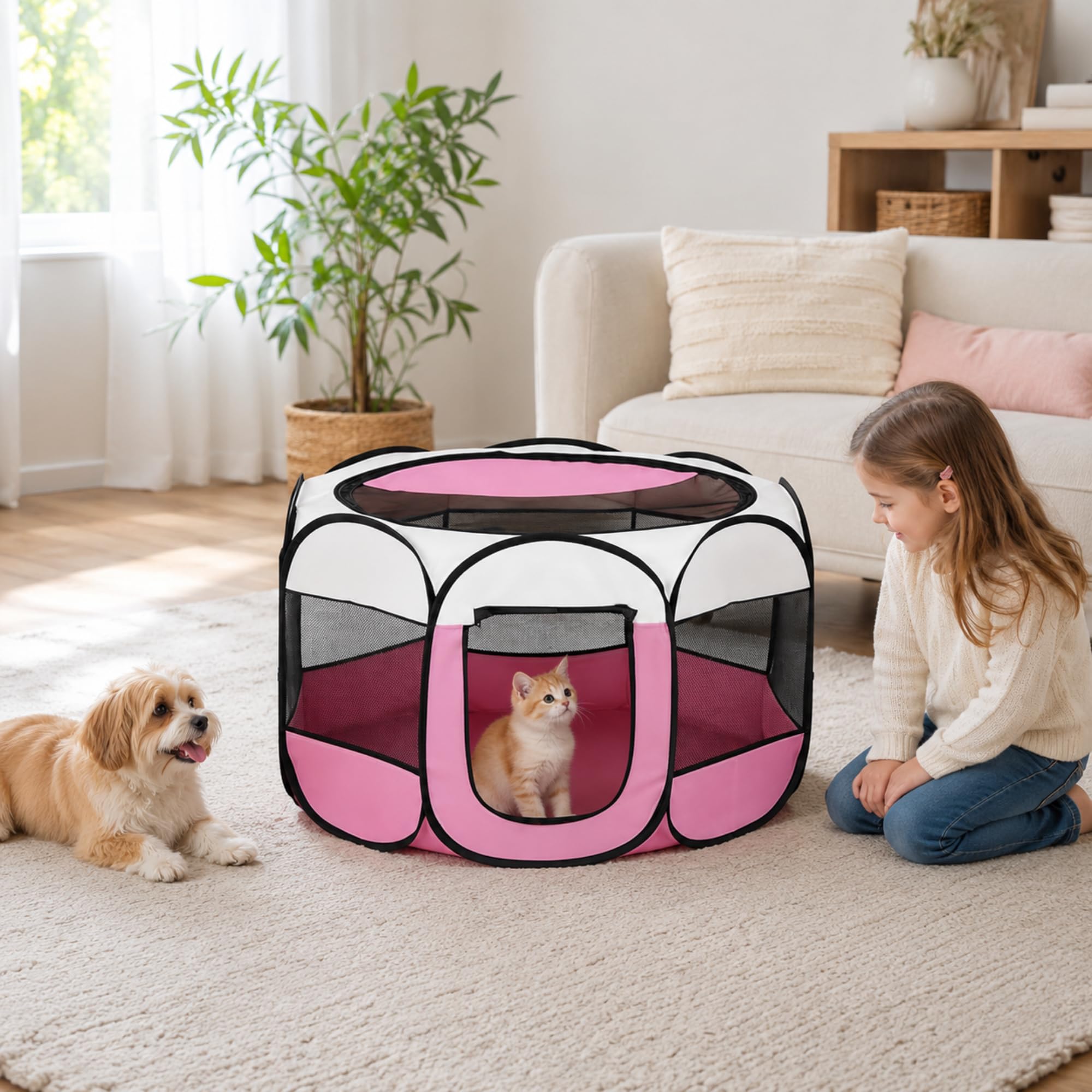 Recinto pieghevole per cuccioli, 74 x 74 x 43 cm, per la casa, box pieghevole per cani, gatti, conigli, interni ed esterni (rosa)