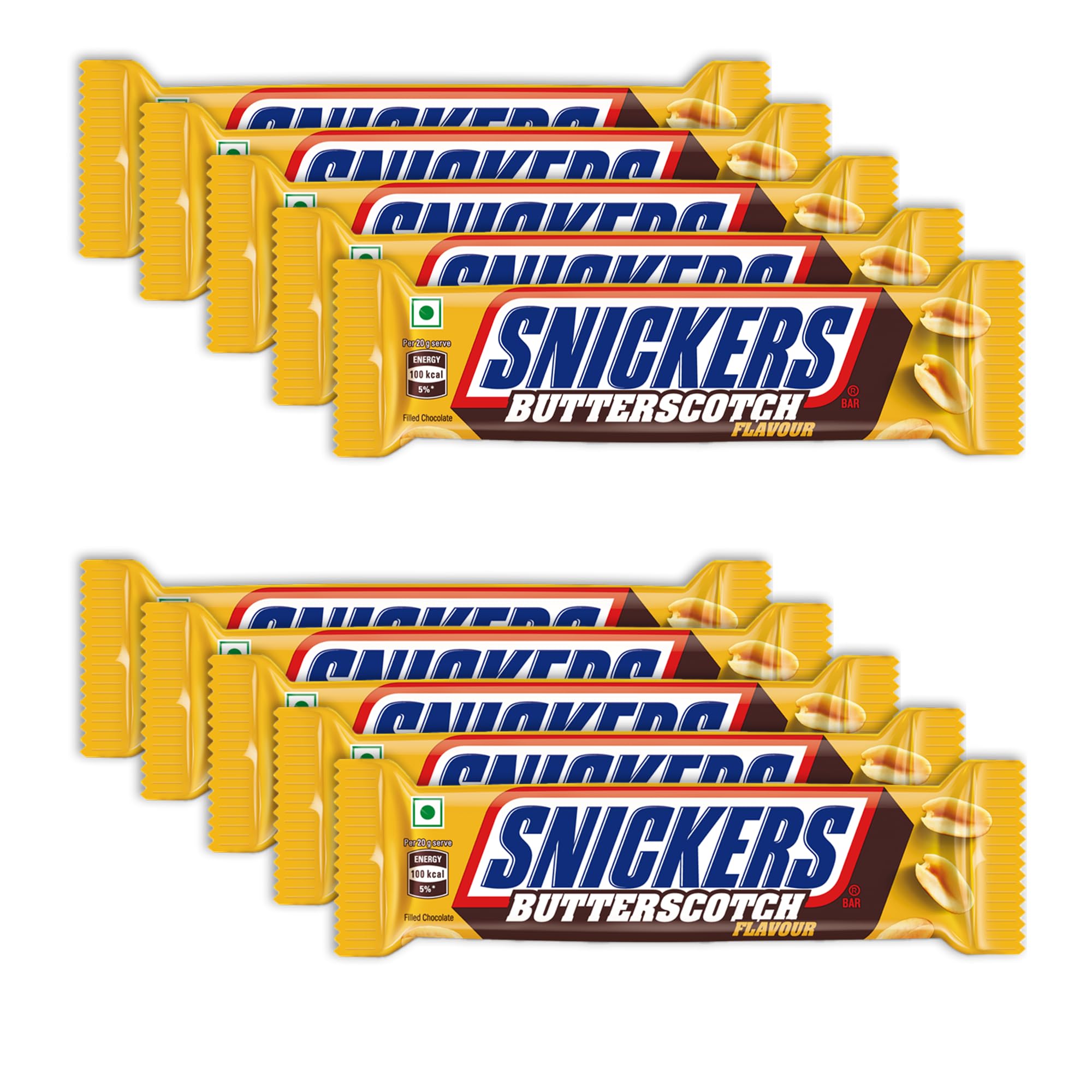 Snickers Butterscotch Flavour Chocolate Bar, Loaded With Chewy Caramel, Roasted Peanuts & Butterscotch Delight, Tasty & Crunchy Chocolate For Sharing, 40 Gram, Pack Of 10