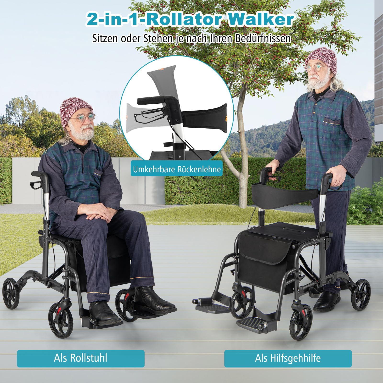 RELAX4LIFE Andador plegable ligero, 2 en 1 para silla de ruedas, andador de viaje, carrito de 6 alturas, con 2 frenos, soporte para bastones, bolsa, aleación de aluminio de hasta 136 kg (negro)
