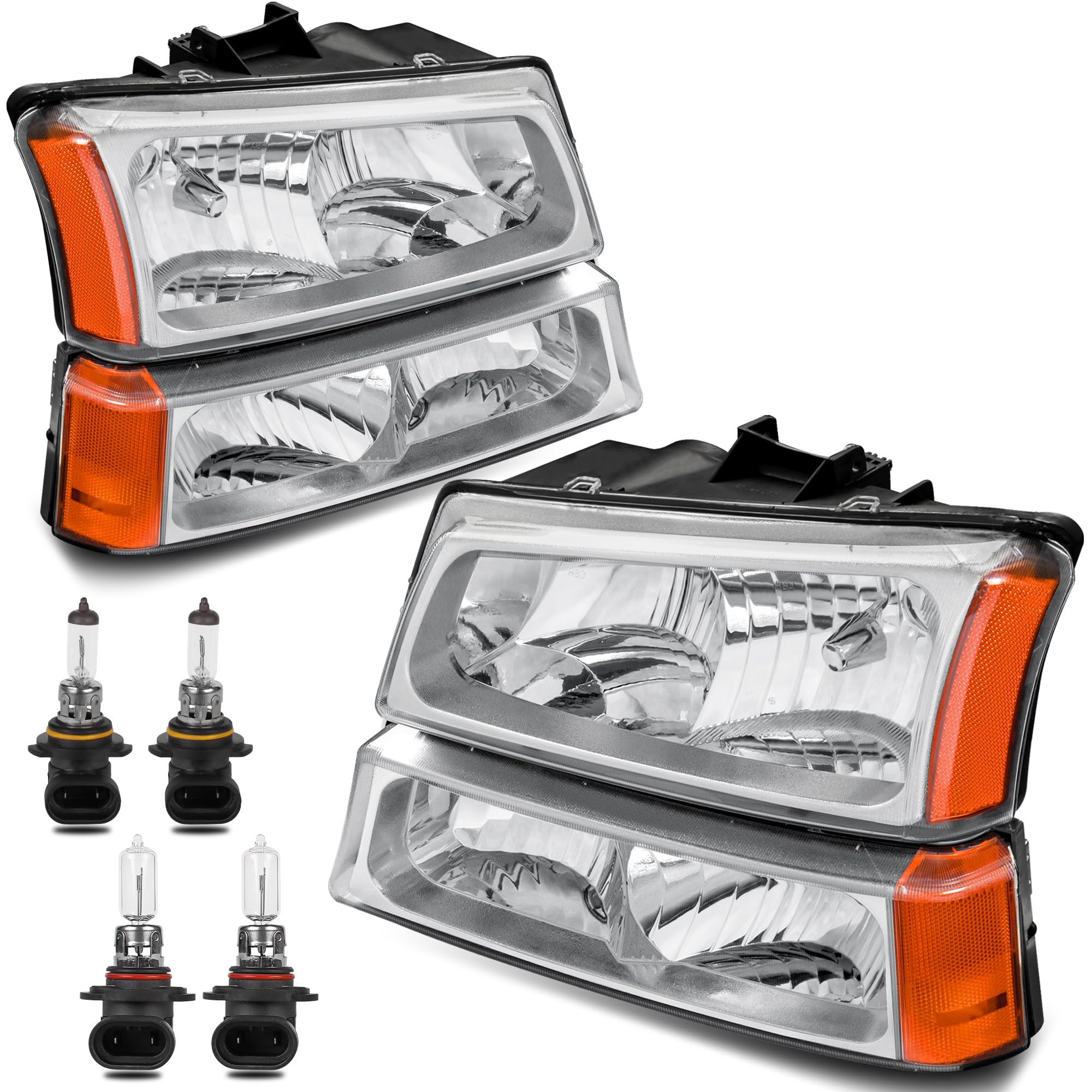 Headlight Assembly Compatible with 2003-2006 Chevy Avalanche/2003-2007 Chevrolet Silverado 1500 2500 3500 Front Lamp w/Bulb Chrome Housing/Clear Lens/Amber Corner