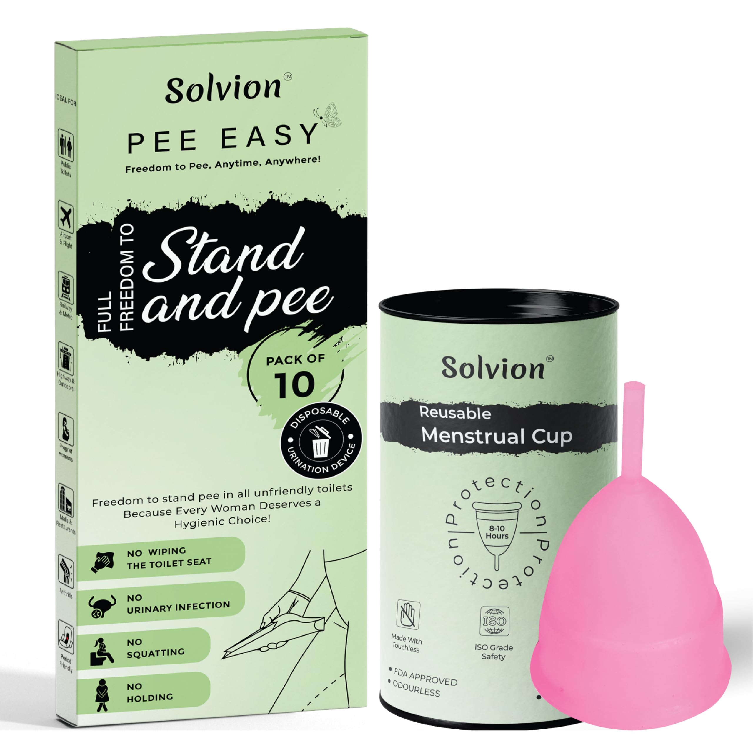 Reusable Menstrual Cup for Women | Period Cup – Medium Size with Disposable Female Urination Device | Stand and Pee Funnels for Women, 10 Funnels | FDA Approved | Made of Ultra Soft 100% Medical Grade Silicone | Odour, Rash & Itch-Free Period | Leak-Proof Protection for 8-10 Hours, (Pack of- 1)