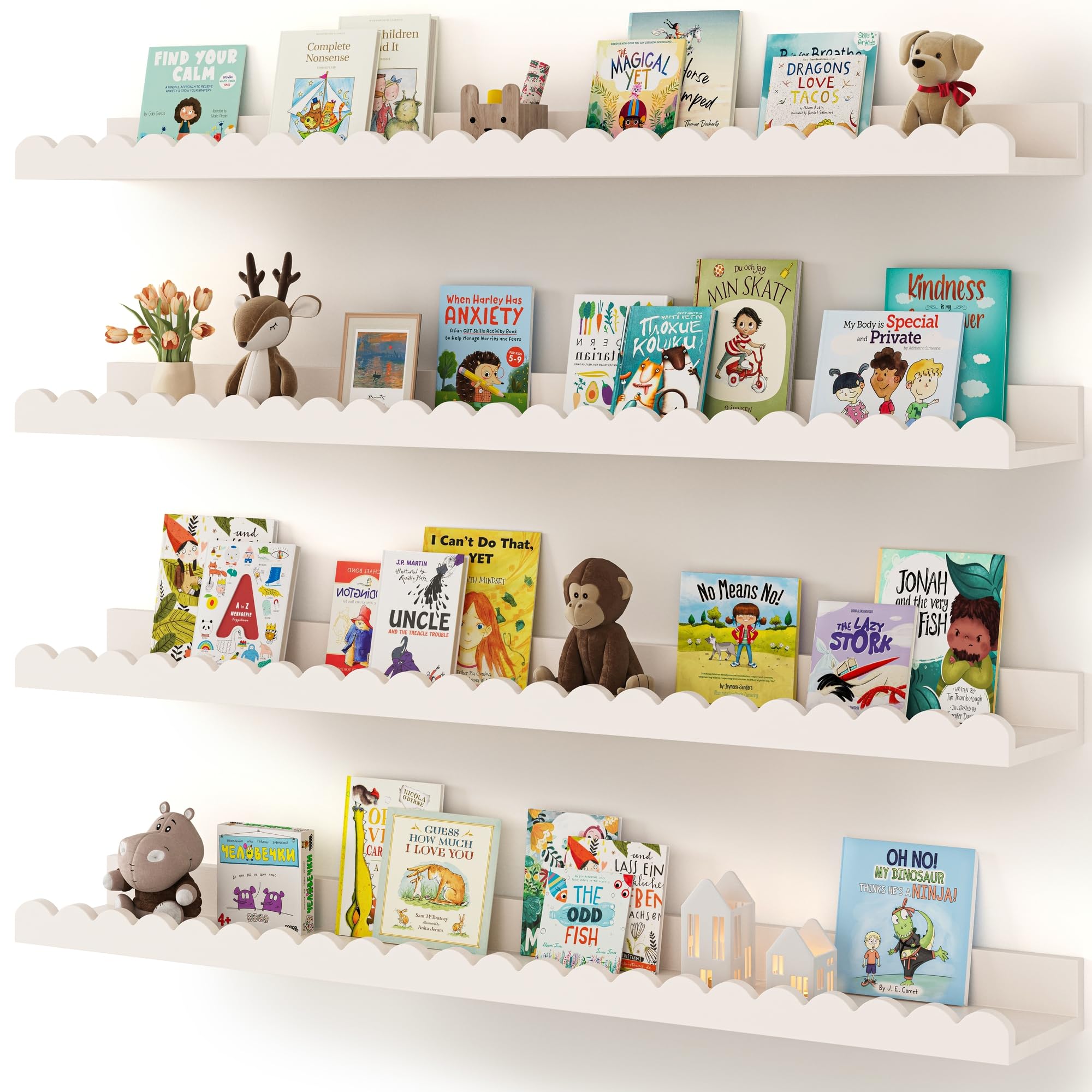 Shario Nursery Book Shelves, 4-Pack White Floating Shelves for Wall Kids, Scalloped Shelves, Wall Book Shelves for Bedroom Kids, Toddler Room, Baby Room, Nursery Decor (White, 36 Inches)