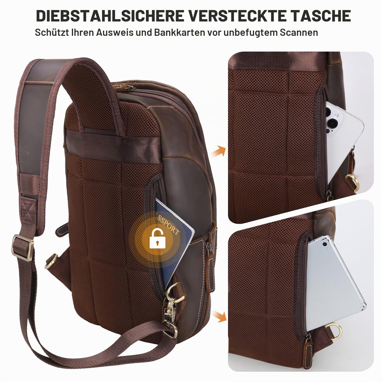 TIDING Brusttasche Herren Klein Leder Crossbody Schultertasche Sling Bag Umhängetasche Anti-Diebstahl Taschen für Outdoor, Camping, Reisen