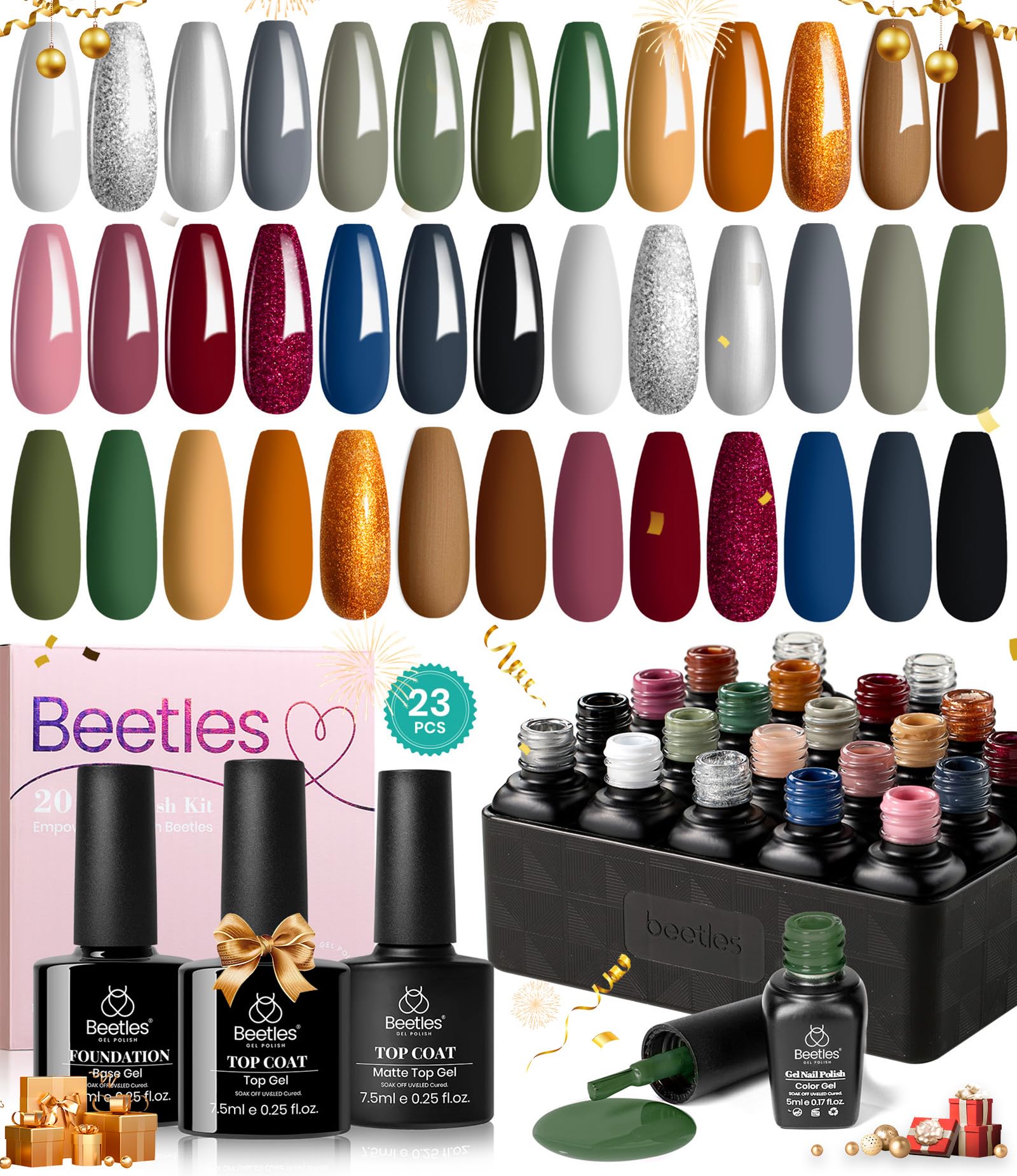 Beetles Winter Gel Nail Polish Set:23 Pcs Burgundy Brown Gold Nude Pink Black White Glitter Gel Polish Kit with Base Matte Glossy Top Coat Soak off UV Gel Nail Polish for Women
