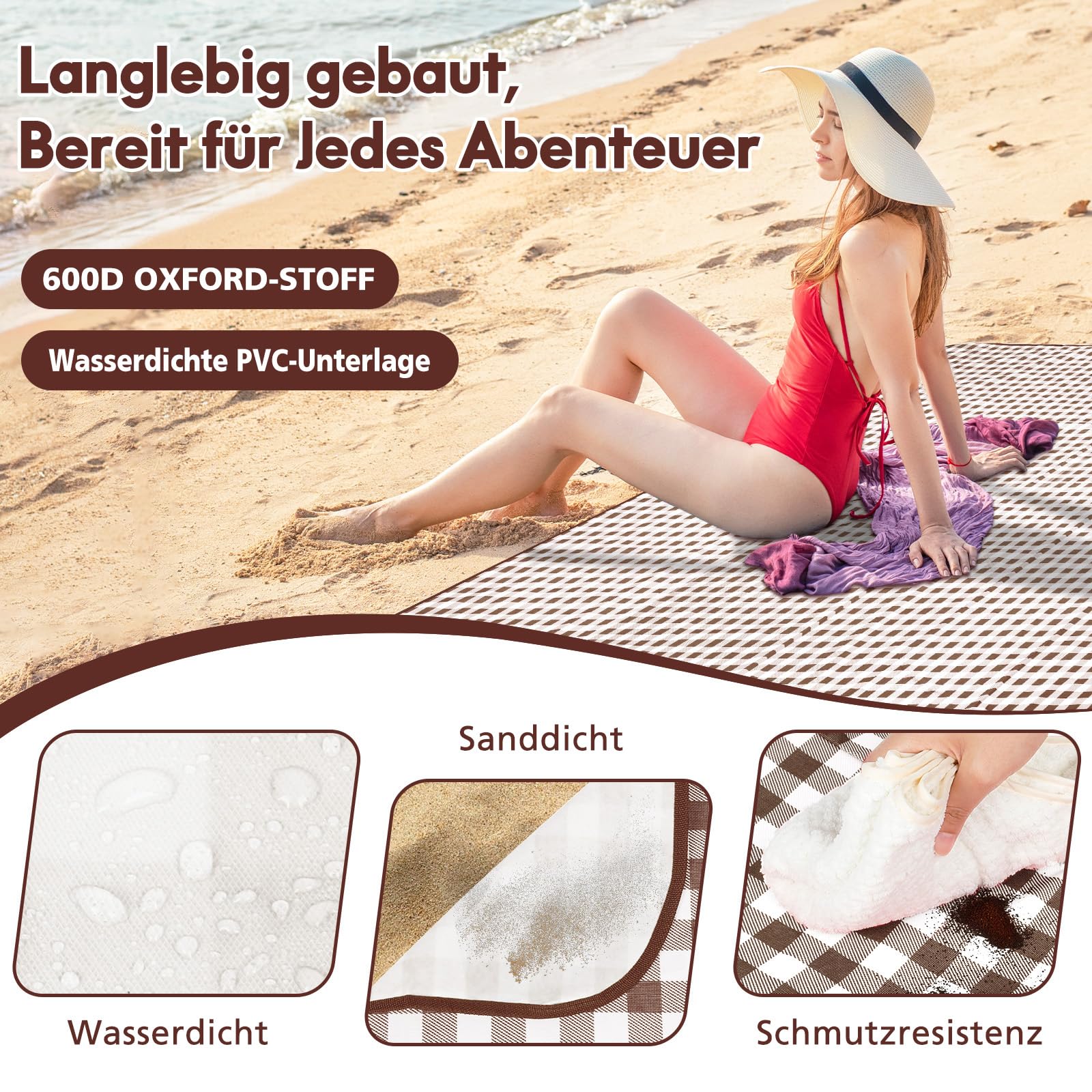 Coperta da picnic impermeabile, 200 x 200 cm, grande, da viaggio, coperta da spiaggia, antiscivolo, con maniglia per il trasporto, per picnic, spiaggia, campeggio, marrone (marrone, 200 x 200