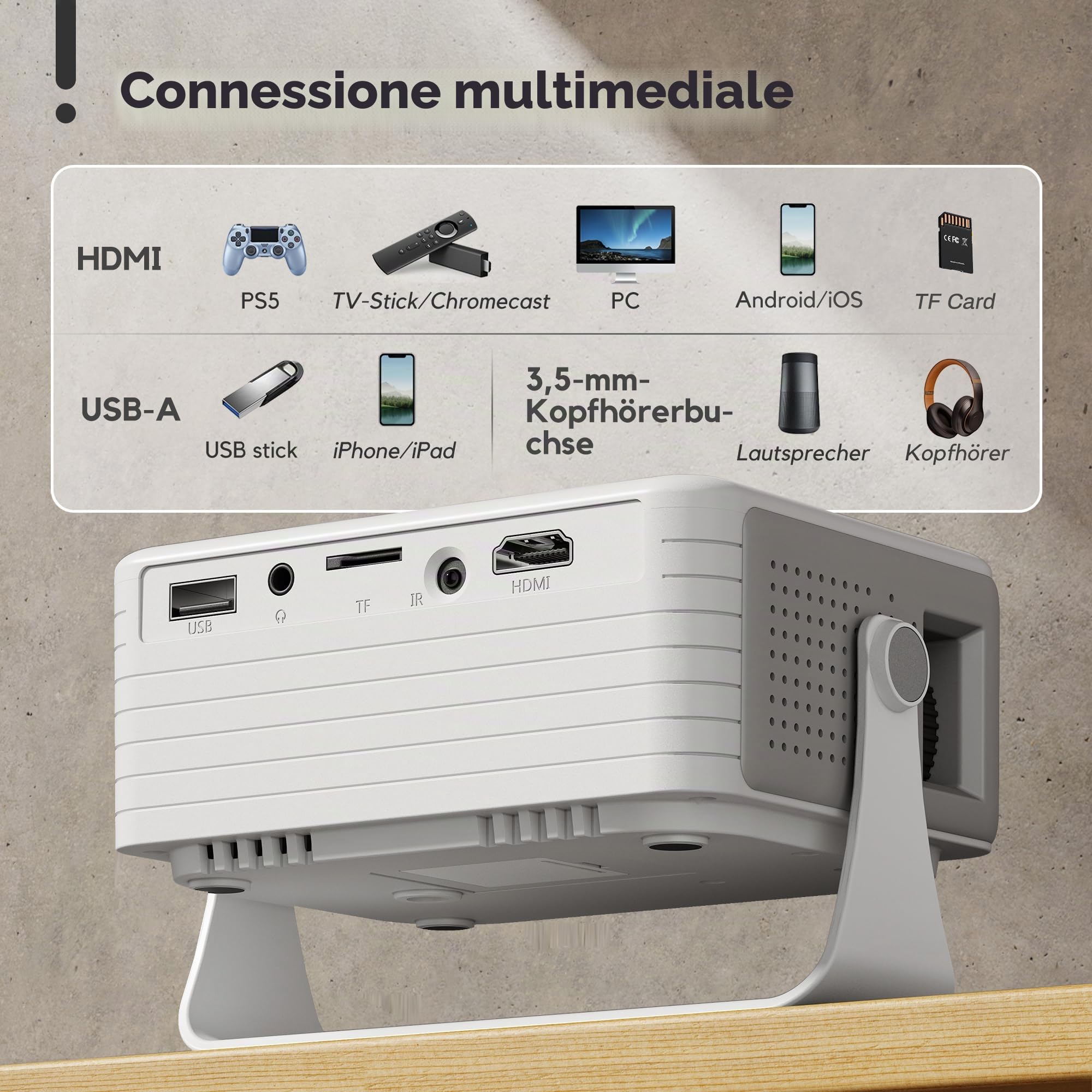 AKIYO O1 Mini Proiettore con Treppiede, Full HD 1080P, Regalo per Bambini