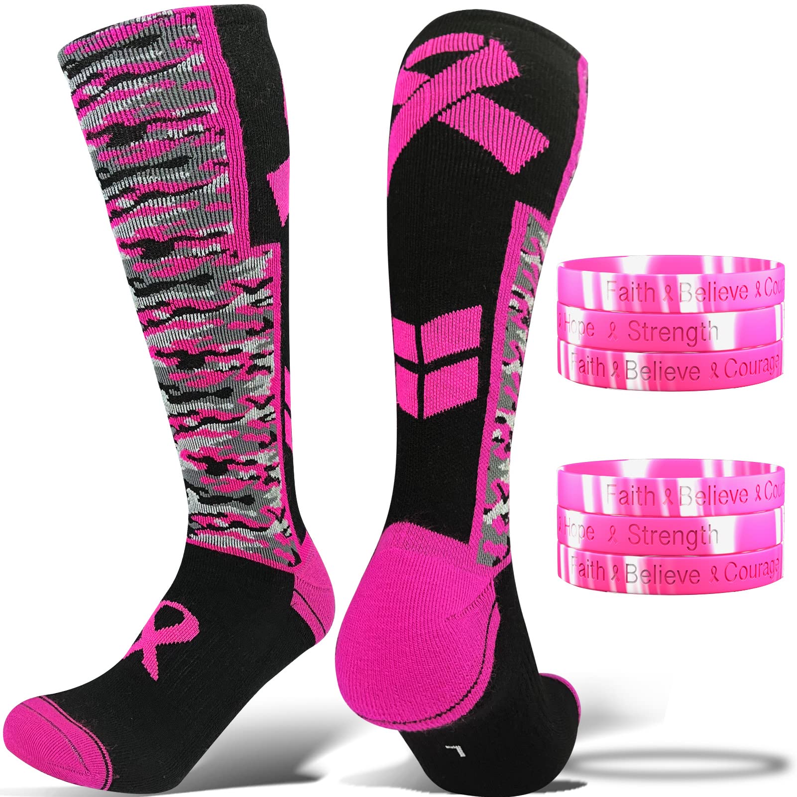 Set of Breast Cancer Awareness Socks & 6 Pcs Pink Ribbon Breast Cancer Bracelets Support The Cure