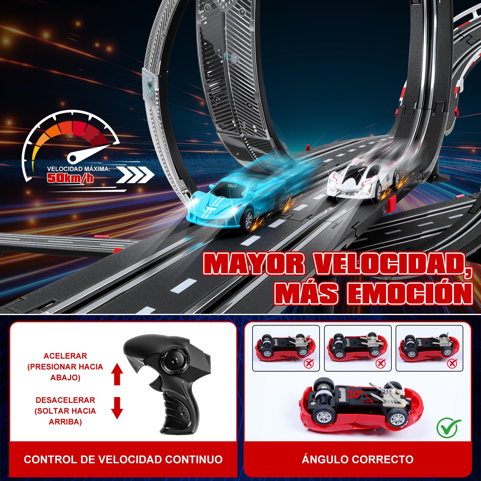 Pista Carreras Electrica, Iluminado Pista de Coches para Niños 1:64 Pista Autos -4 LED Coches, Bucle 360°, Euroconector, Contador Vueltas, Circuito Coche Niños 3+ Años Juguete Regalos (L)