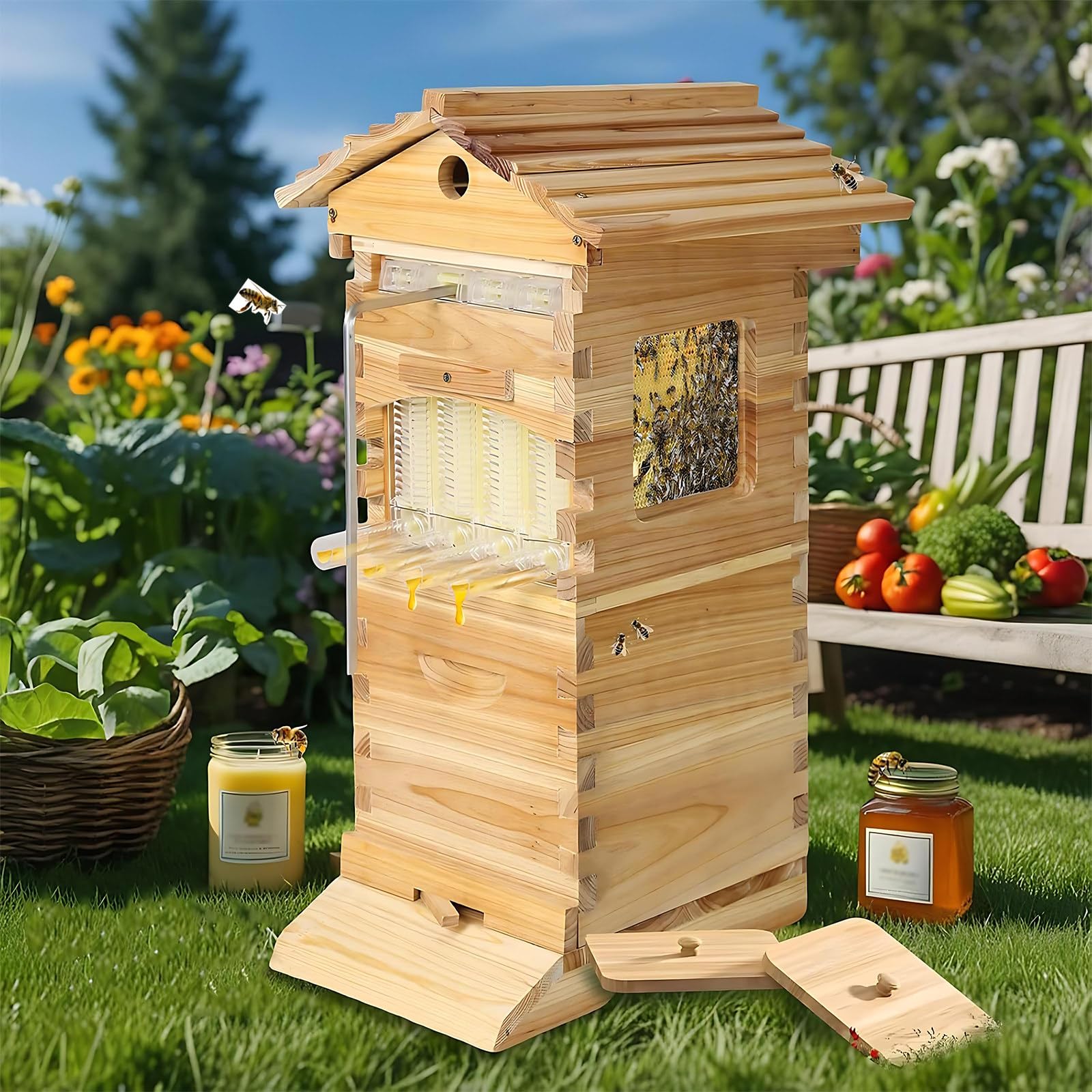 Kit de apicultura, colmena vertical de madera con marcos y bandejas de panal, suministros de cosecha automática de miel para principiantes