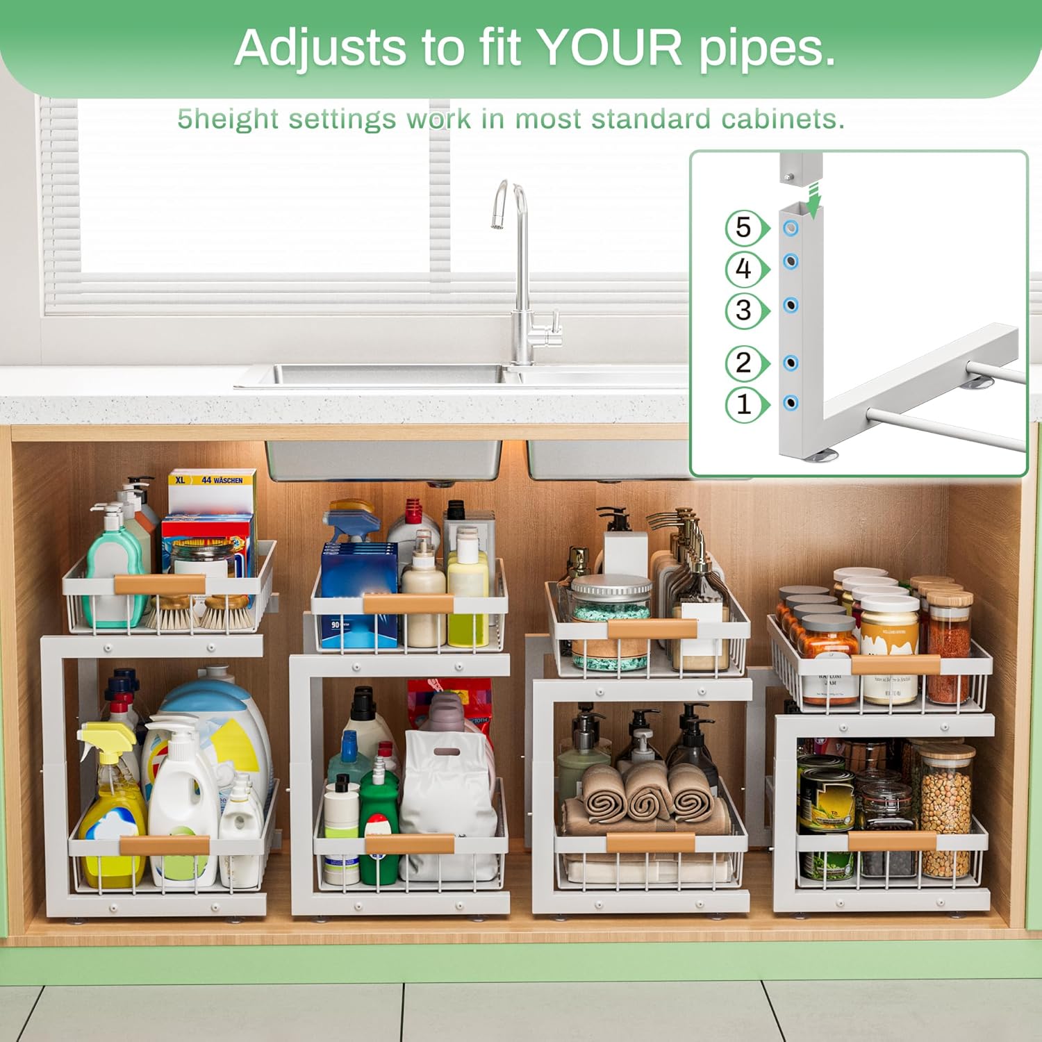 Under Sink Organizer, 2 Pack 2 Tier Expandable Height Under-Sink Bathroom Kitchen Organizers And Storage