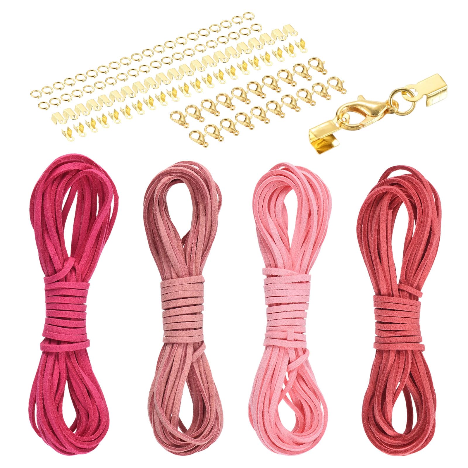 sourcing map 4 Pcs Suede Cord, 5.5 Yards Flat Faux Leather Cord Soft Durable Leather String with Gold Closed-Mouth Ring Rope Clip Lobster Clasps for Art Crafts, Peach Pink/Pink/Red/Rose Red