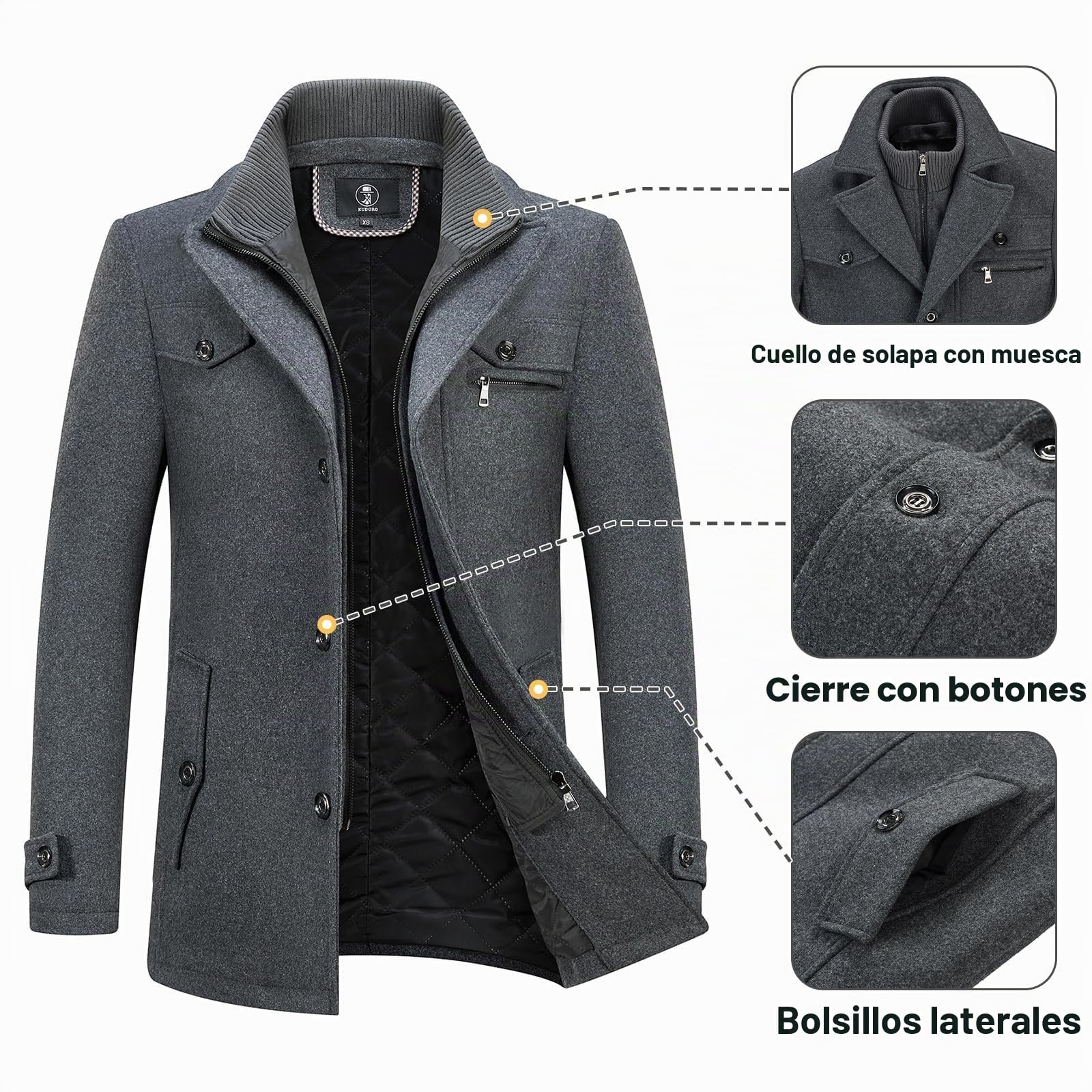 Kudoro - Abrigo para hombre, de lana caliente, medio largo, invierno, para abrigo, diseño clásico, parka, gris, XXL