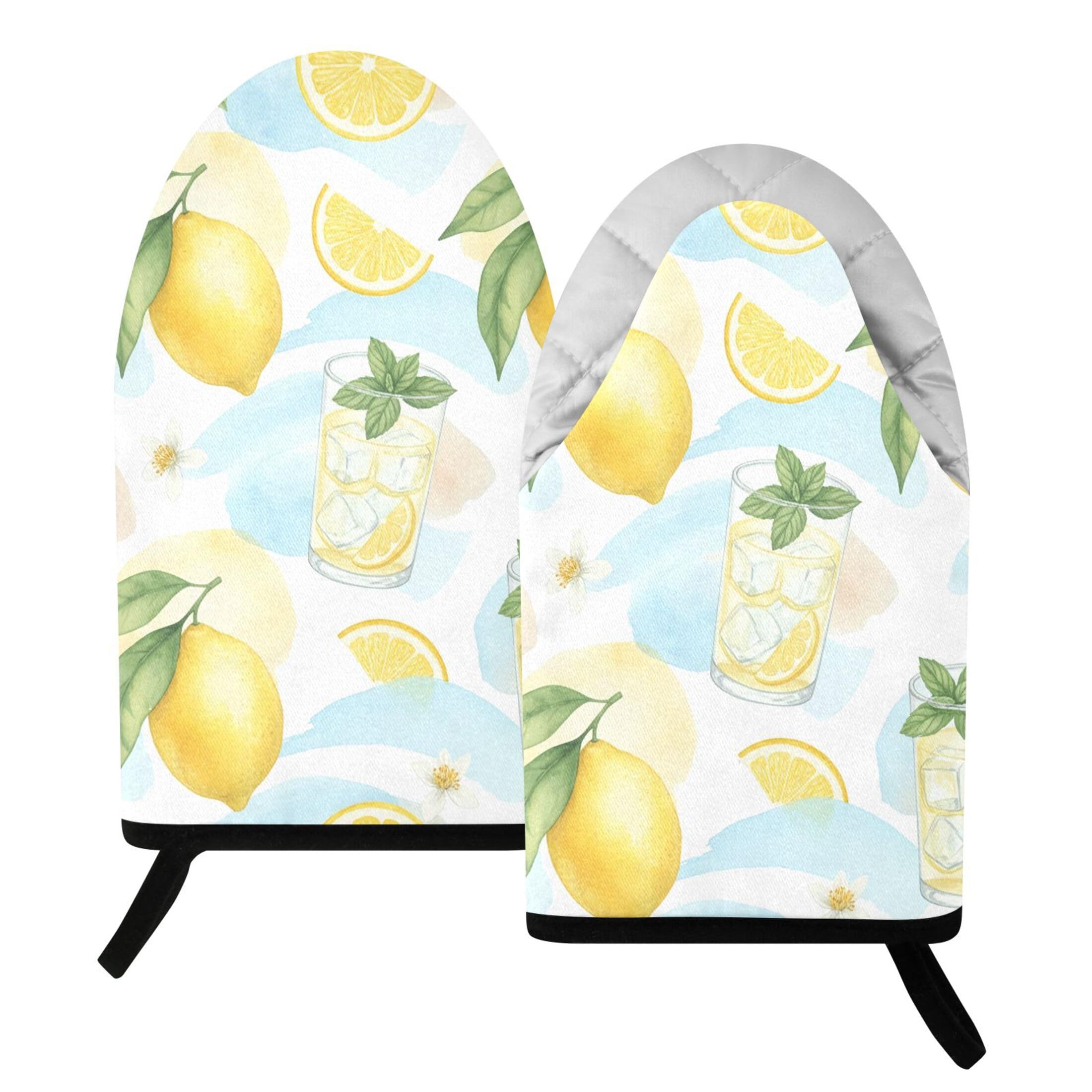 Kutsu Lemon Juice Oven Mitts for Kitchen, Heat Resistant Cotton Oven Gloves for BBQ Baking Cooking, Breathable Kitchen Essentials, 2 pcs
