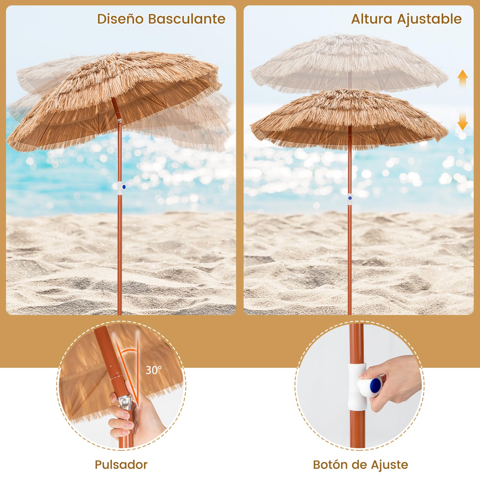 RELAX4LIFE Sombrilla Playa Ø175cm de Paja de PP con Inclinación y Altura Regulable 140-190cm, Sombrilla Tropical Hawaiana con 8 Varillas, Barra Desmontable y Bolsa de Transporte, Sin Base, Natural