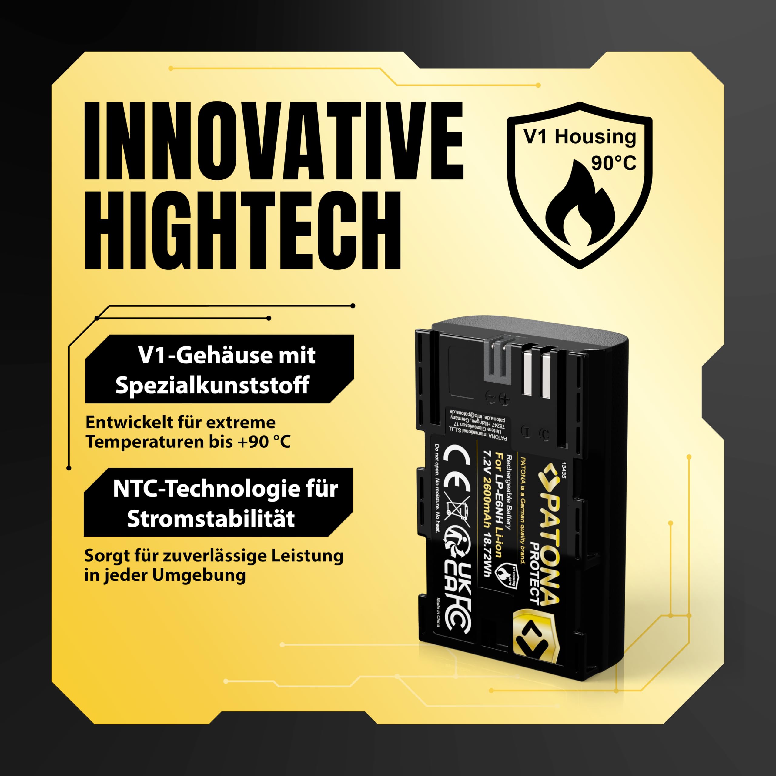 PATONA Protect Akku Ersatz für Canon LP-E6NH LP-E6 2600mAh 7.2V | Ersatzakku für EOS R5 R6 R6II R7 5D Mark I-IV 5DS 60D 6D 70D 7D 80D 90D WFT-E5 E7 XC10 XC15, mit NTC-Sensor & Schutzgehäuse