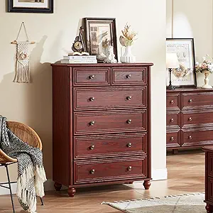 Farmhouse 6 Drawer Dresser, Red Oak Chest of Drawers, 43.5" Tall Dressers for Bedroom with Roman Column and Metal Handles, Rustic Wood Storage Organizer for Living Room, Hallway, Closet