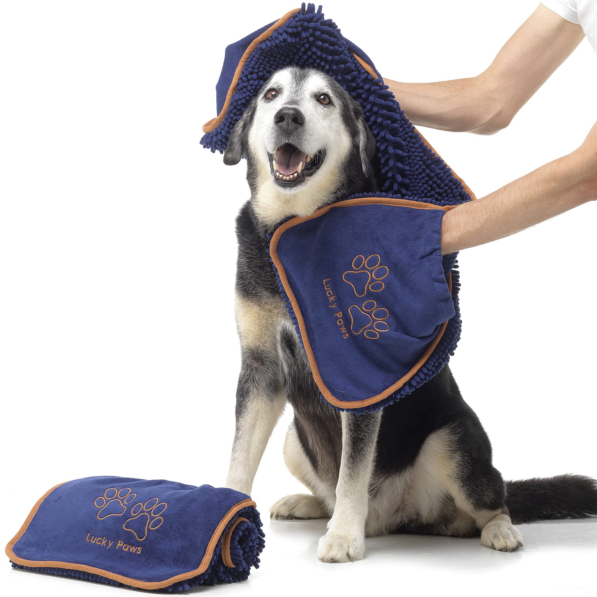 Lucky Paws® Dog Towel - Microfibre Chenille/Noodle Towels - UK Based Seller - Super Soft Pockets - Super Absorbent - Fast Drying - Pet/Puppy Grooming Accessories - 88x32cm - (Pack of 2, Navy)