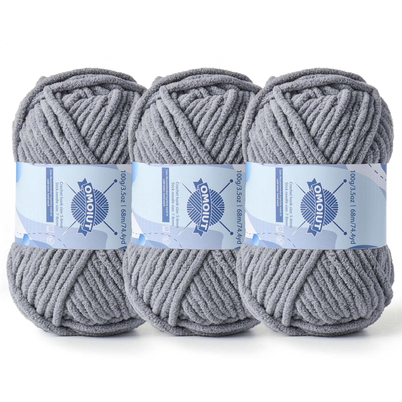3 Pack Chunky Chenille Yarn for Crocheting, Baby Yarn for Crocheting Soft Blankets, Bulky Yarns for Crochet Amigurumi, 300g (223yds) Fluffy Velvet Yarns for Hand Knitting (3 Light Gray)