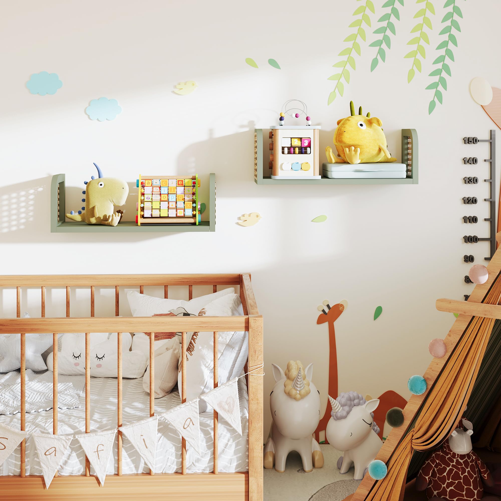 2er Set Rattanregal – Boho Wandregal & Boho Deko in Grün, Hängeregal für Kinderzimmer, Wohnzimmer & Schlafzimmer, Aufbewahrung für Bücher & Spielzeuge in Grün
