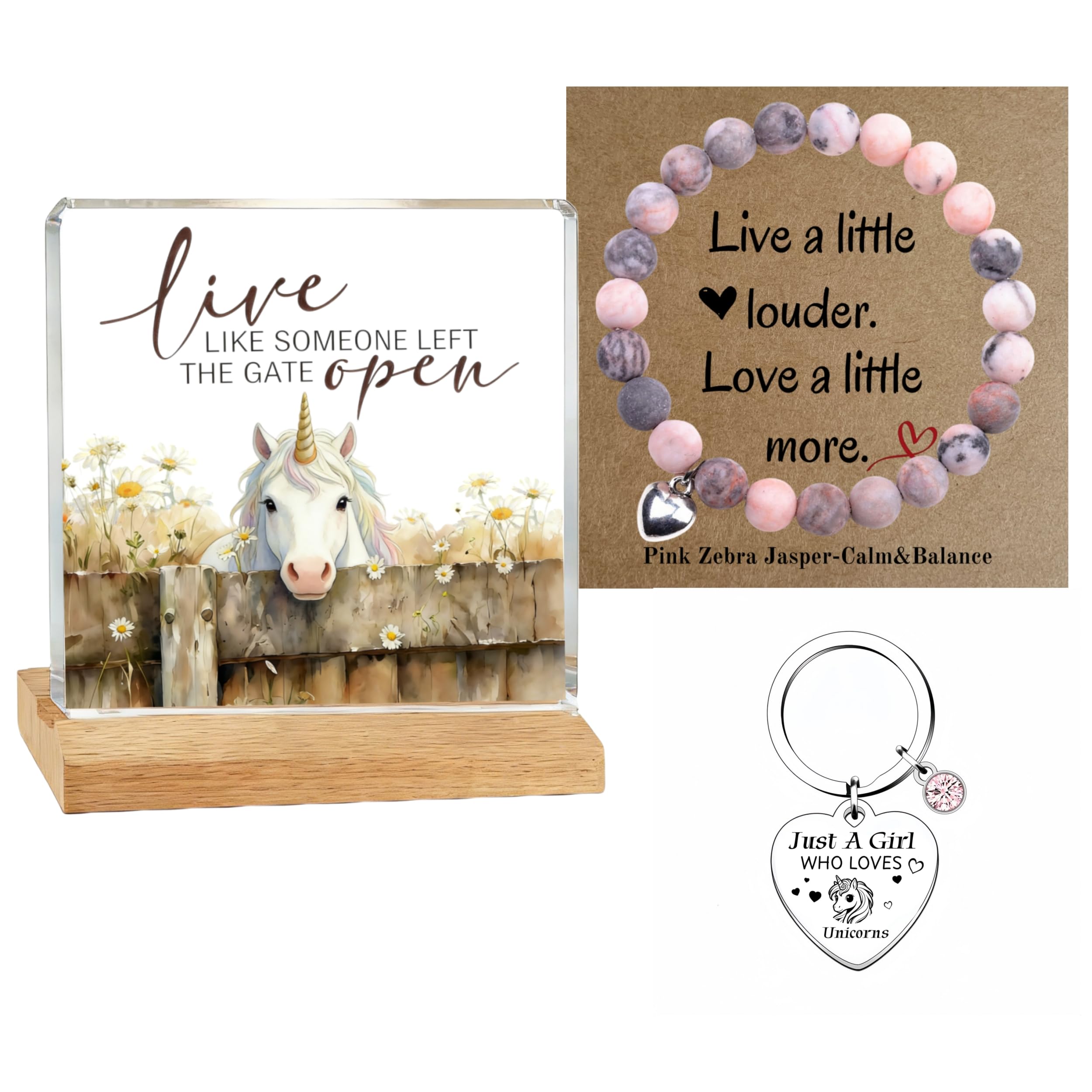 Unicorn Gifts for Girls & Women - 3-in-1 Horse Lover Gift Set with Pink Zebra Jasper Wristlet Keychain,Desk Plaque Decor - Just A Girl Who Loves Horses and Unicorns Birthday Present for Daughter