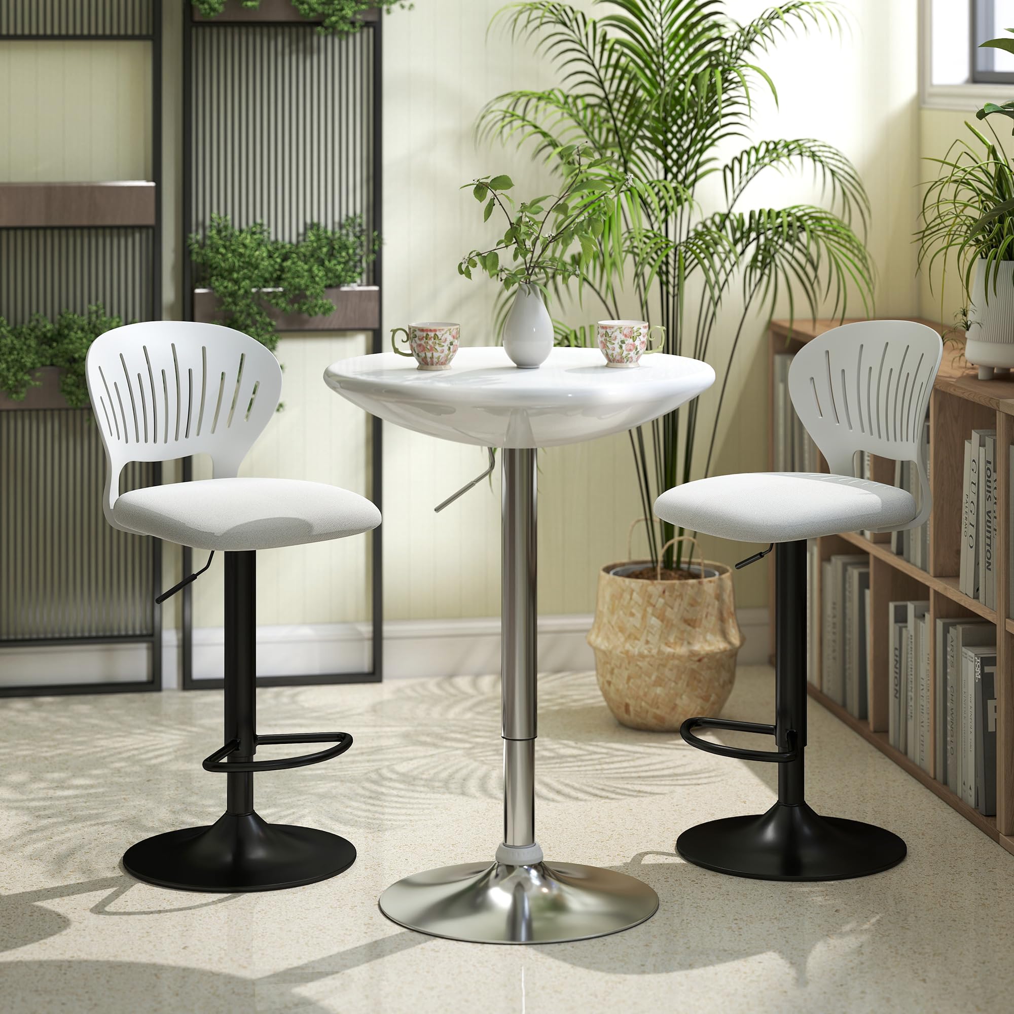 HOMCOM Juego de 2 Taburetes Altos de Cocina Giratorios en 360°, Taburetes de Bar Regulables en Altura de 84-105 cm, Respaldo Hueco, Reposapiés, para Comedor, Mostrador, Blanco