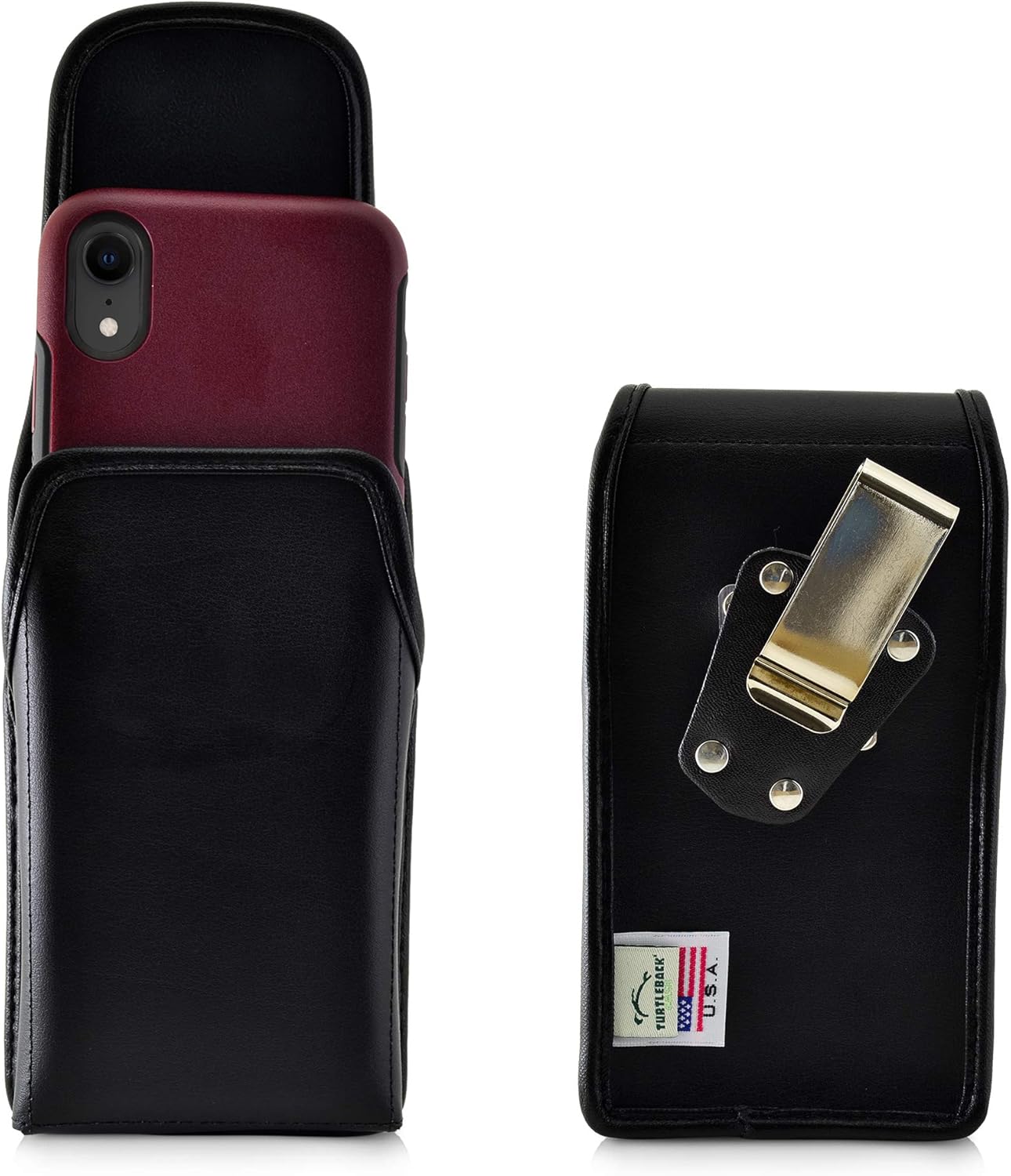 Turtleback Belt Case Designed for iPhone 11 (2019) & XR (2018) Fits with OB Symmetry, Vertical Holster Black Leather Pouch with Heavy Duty Rotating Belt Clip,