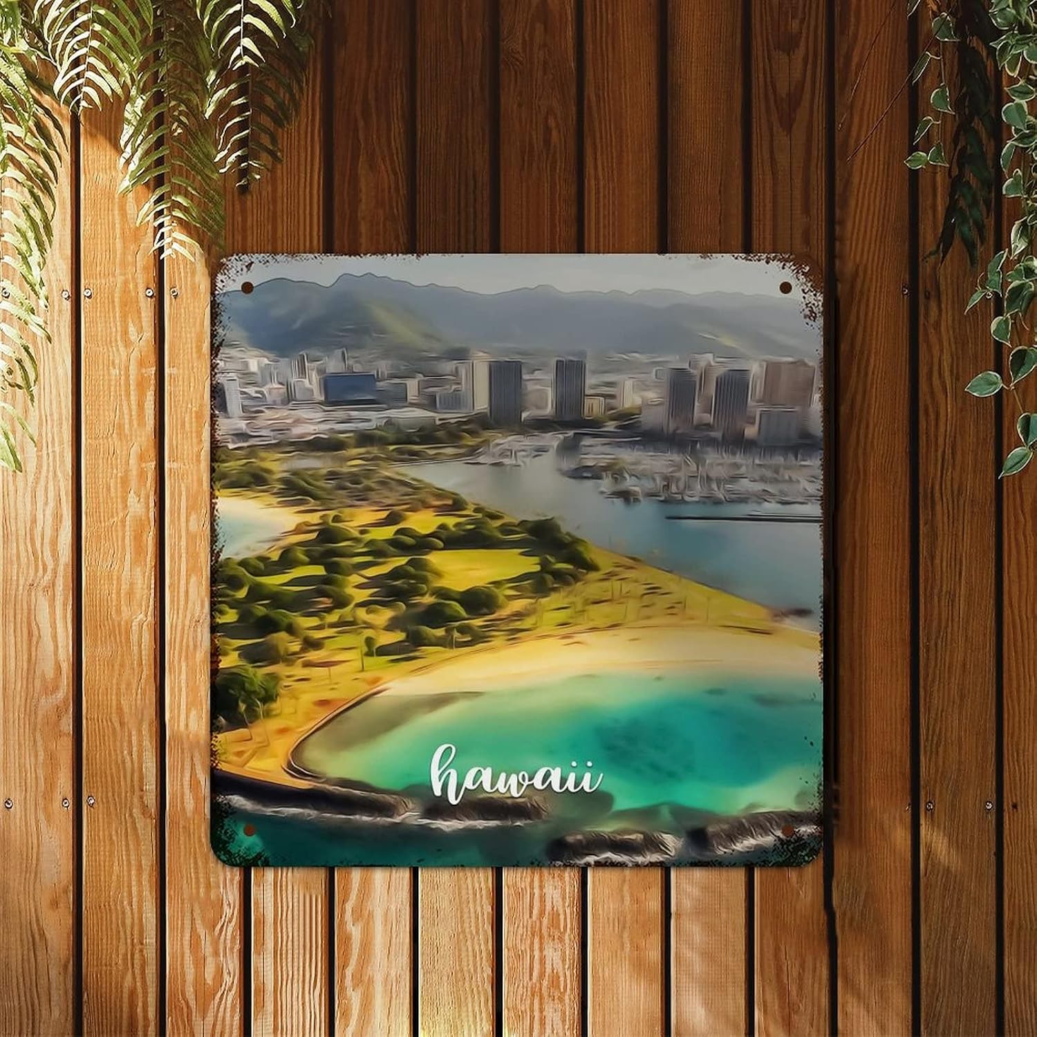 Retro Metal Tin Sign Hawaii USA Hawaii Beach Cityscape Metal Sign Popular Country City Souvenir Wall Art Rustic Wall Decor for Bedroom Kitchen Cafe Bar Office Garage 10x10 inch image 4