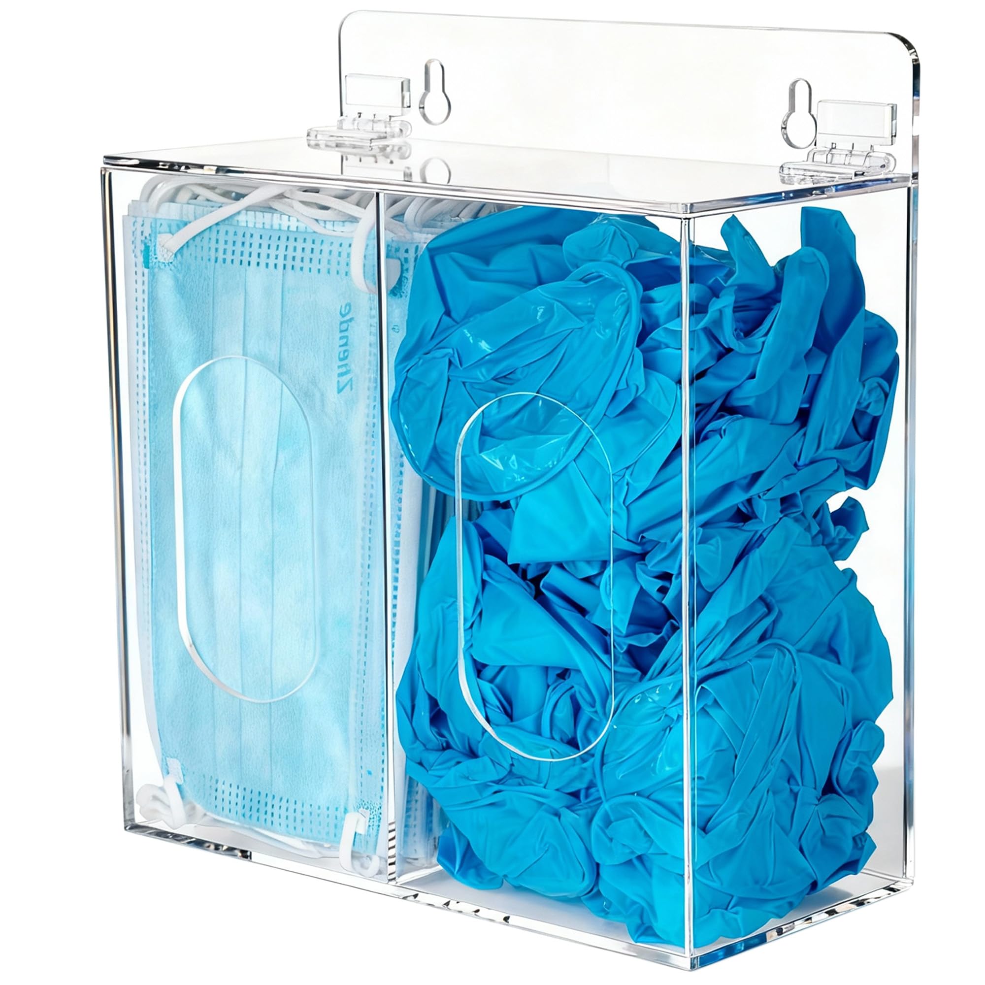 SEANADO Face Mask Dispenser Box Acrylic Gloves Holder Hygiene Station with Lid for Disposable Emesis Bag, Shoe Cover and Hairnet，Wall Mount Holes or Tabletop Holder (Clear)